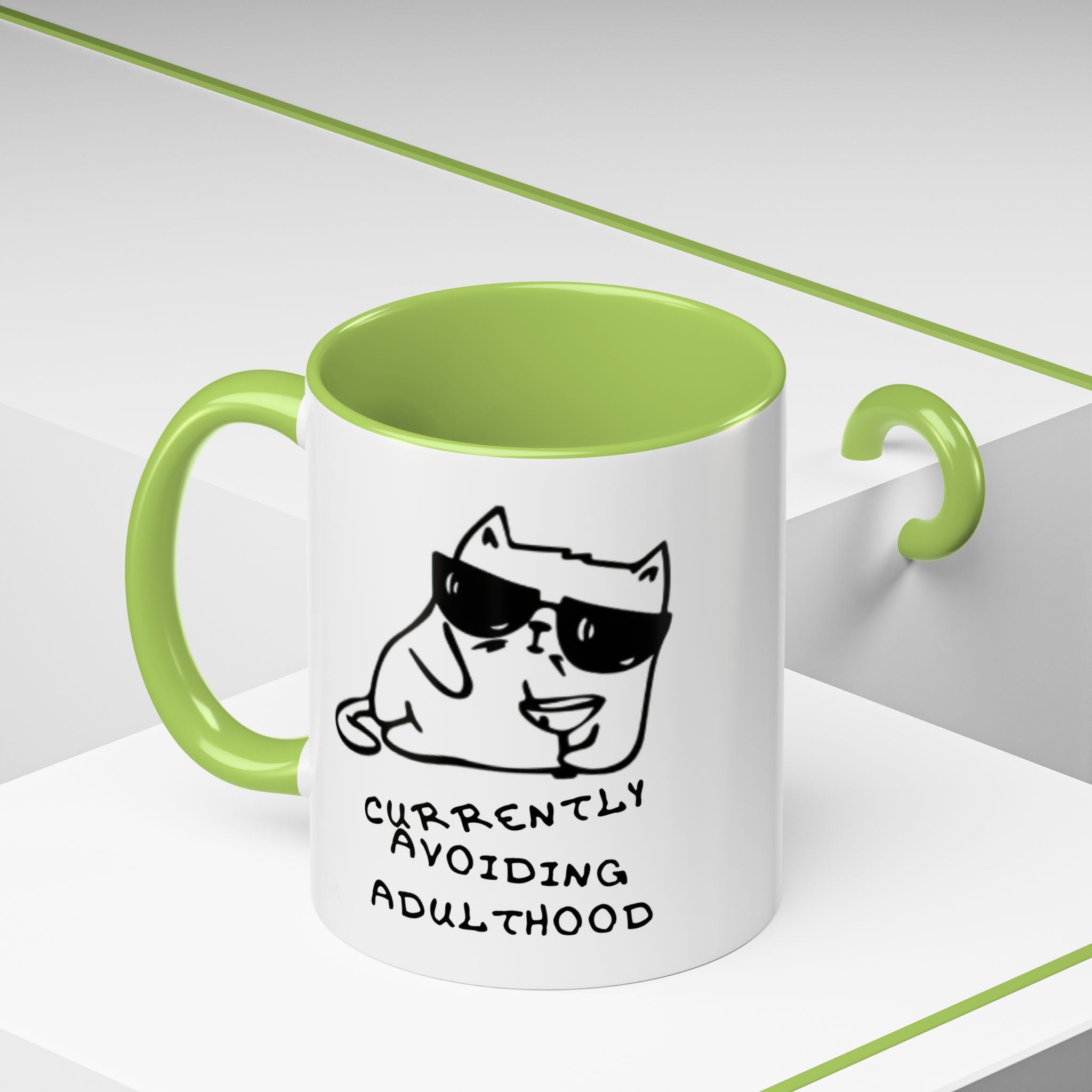 Currently Avoiding Adulthood Cat Mug – Funny Sketch Cartoon Coffee Cup