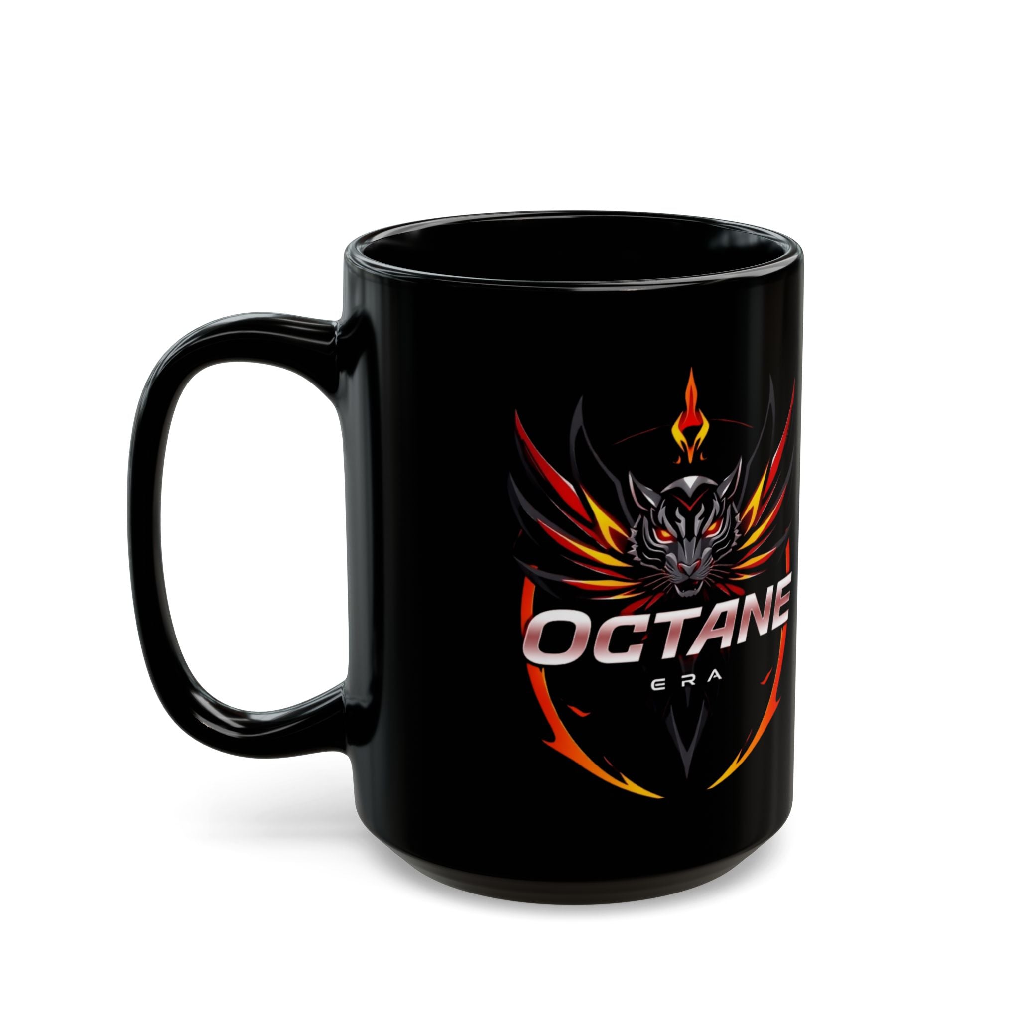 Octane Era Black Mug – Bold Flame Tiger Design