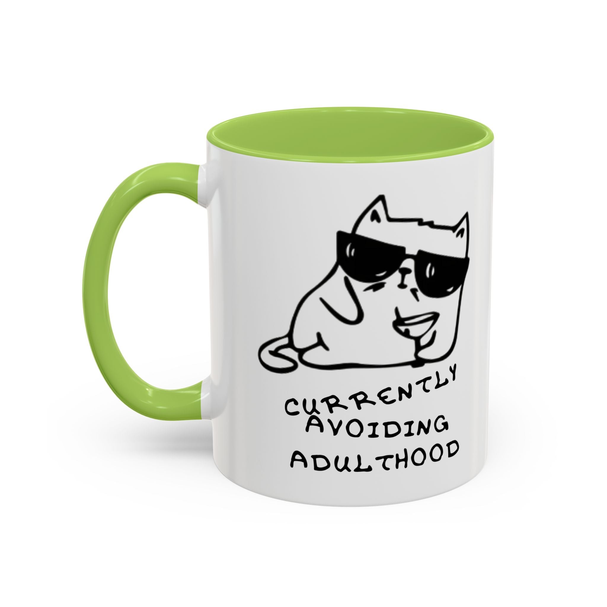 Currently Avoiding Adulthood Cat Mug – Funny Sketch Cartoon Coffee Cup