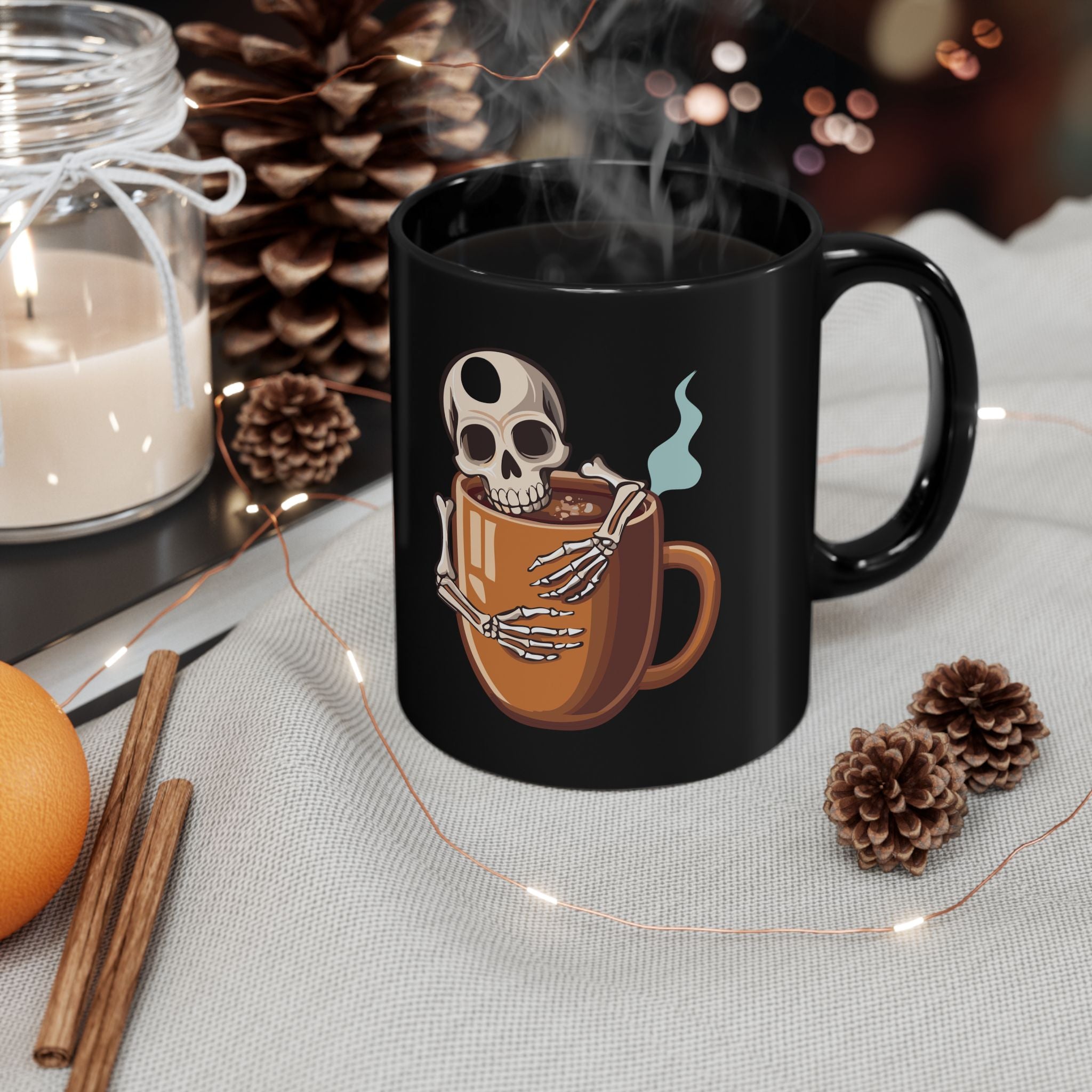 Skeleton Hugging Coffee Mug | 11oz & 15oz Black Ceramic