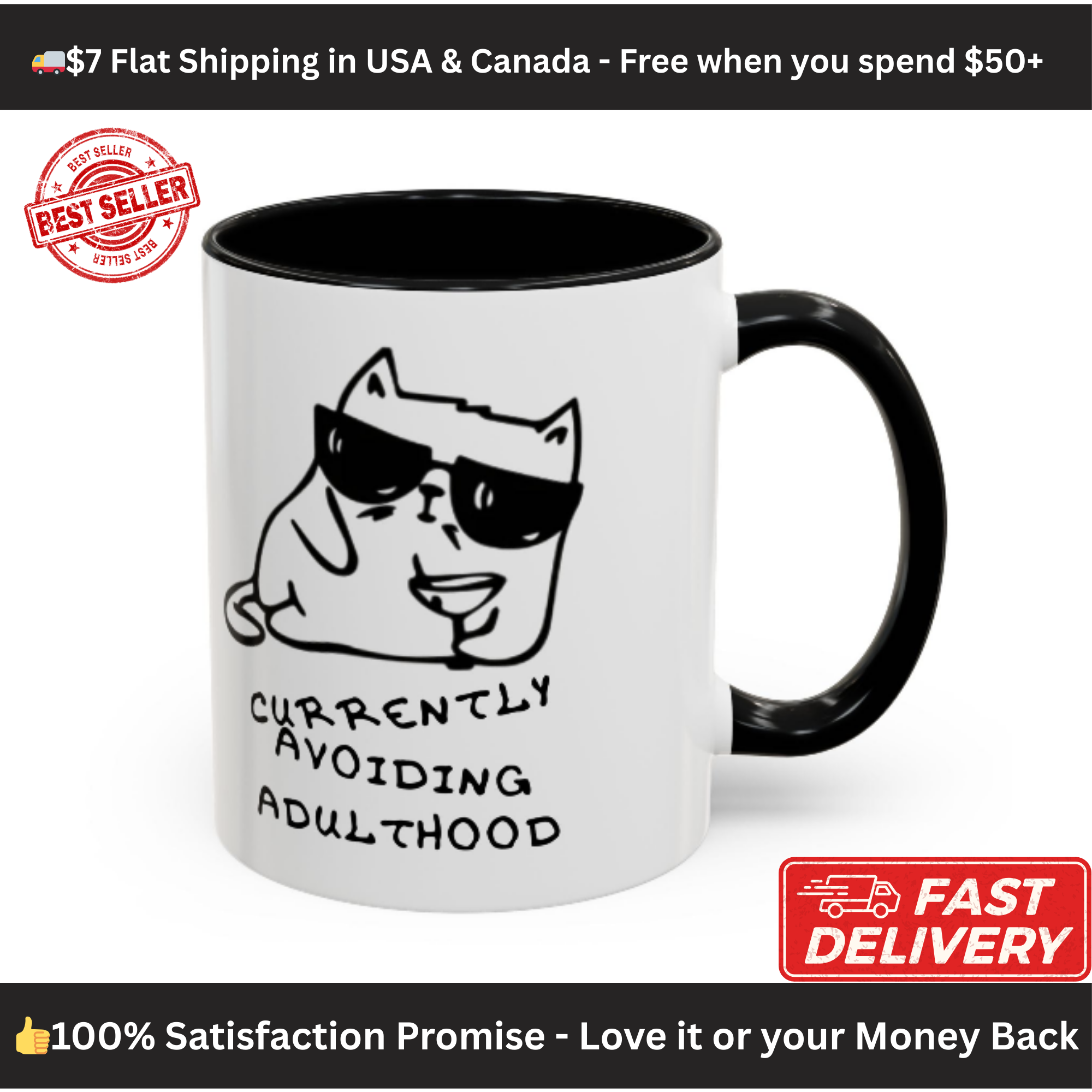 Currently Avoiding Adulthood Cat Mug – Funny Sketch Cartoon Coffee Cup