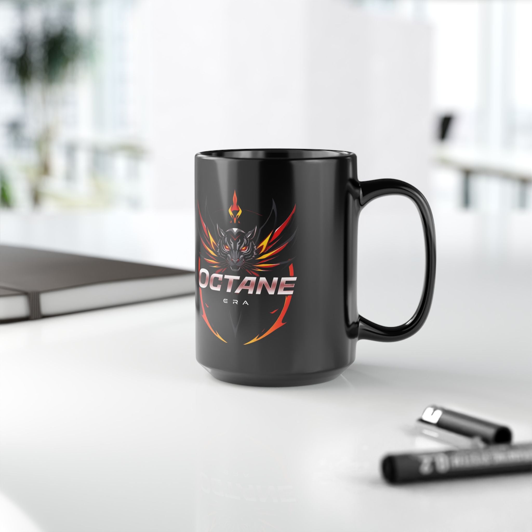 Octane Era Black Mug – Bold Flame Tiger Design