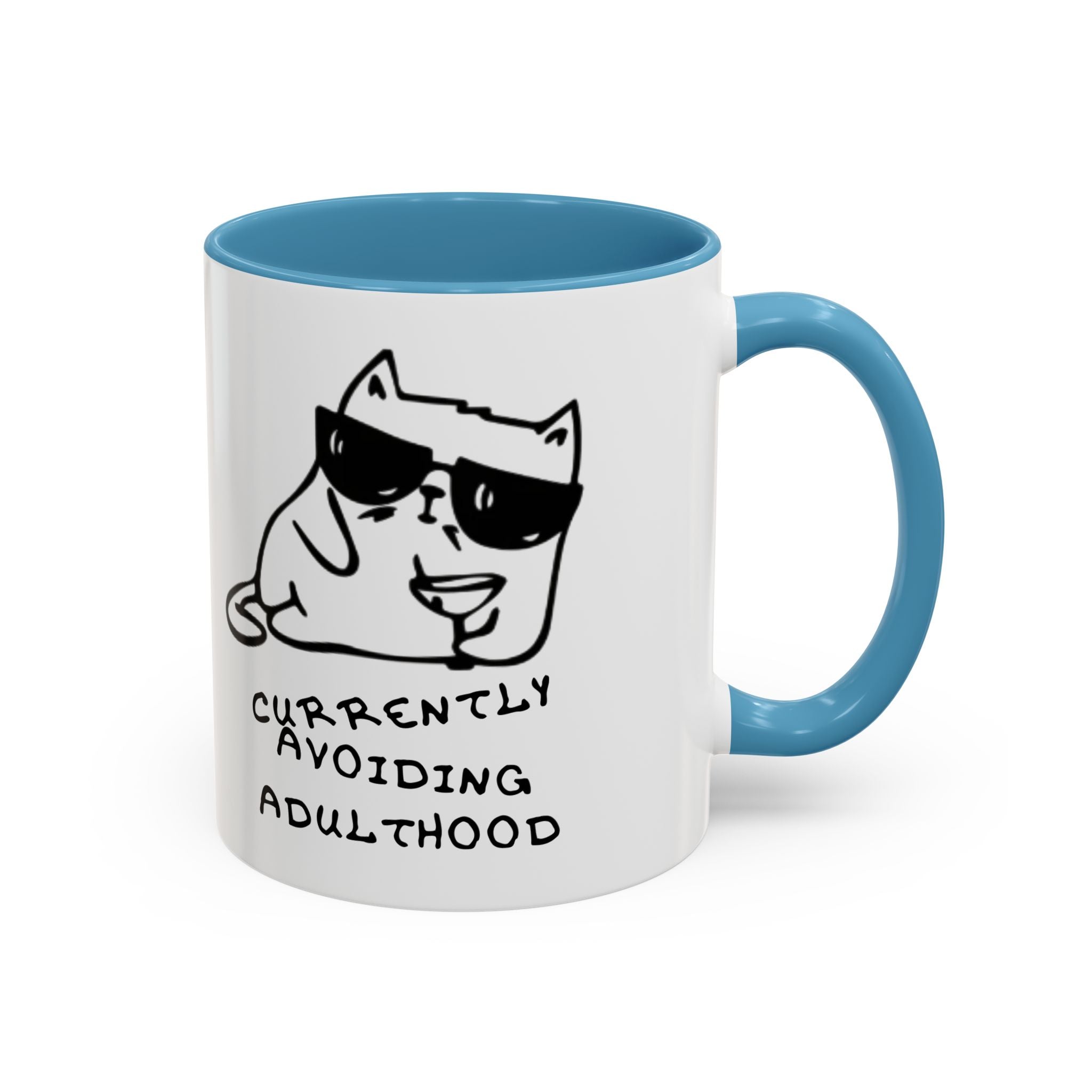 Currently Avoiding Adulthood Cat Mug – Funny Sketch Cartoon Coffee Cup