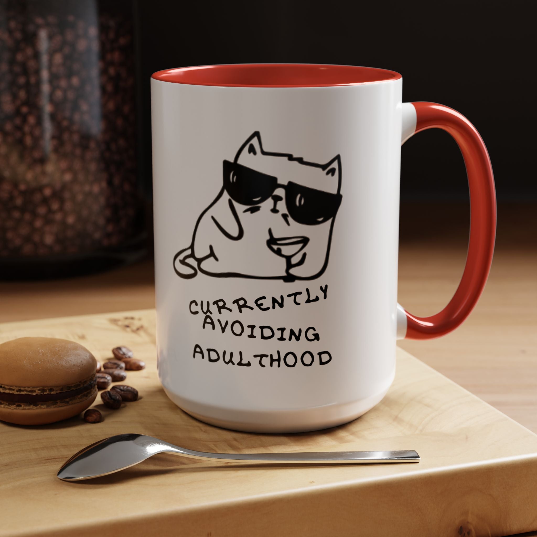 Currently Avoiding Adulthood Cat Mug – Funny Sketch Cartoon Coffee Cup