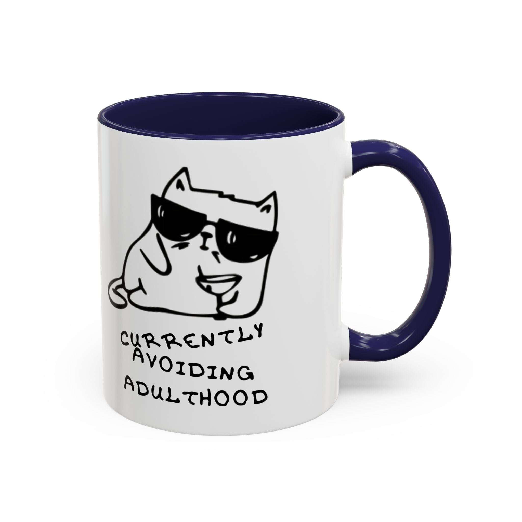 Currently Avoiding Adulthood Cat Mug – Funny Sketch Cartoon Coffee Cup