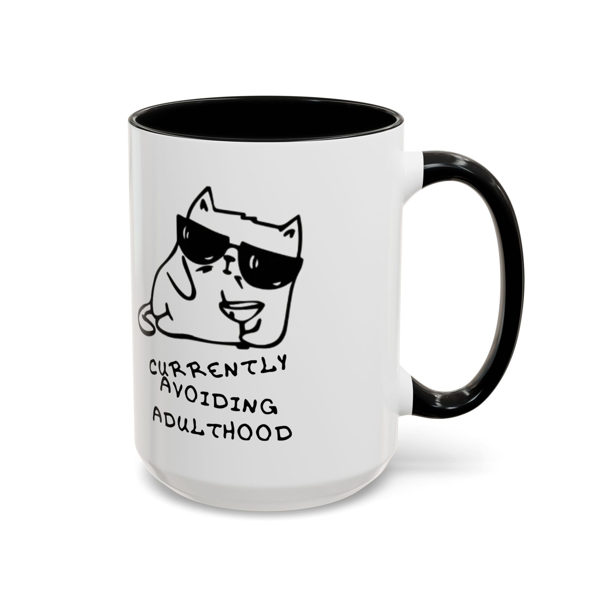 Currently Avoiding Adulthood Cat Mug – Funny Sketch Cartoon Coffee Cup