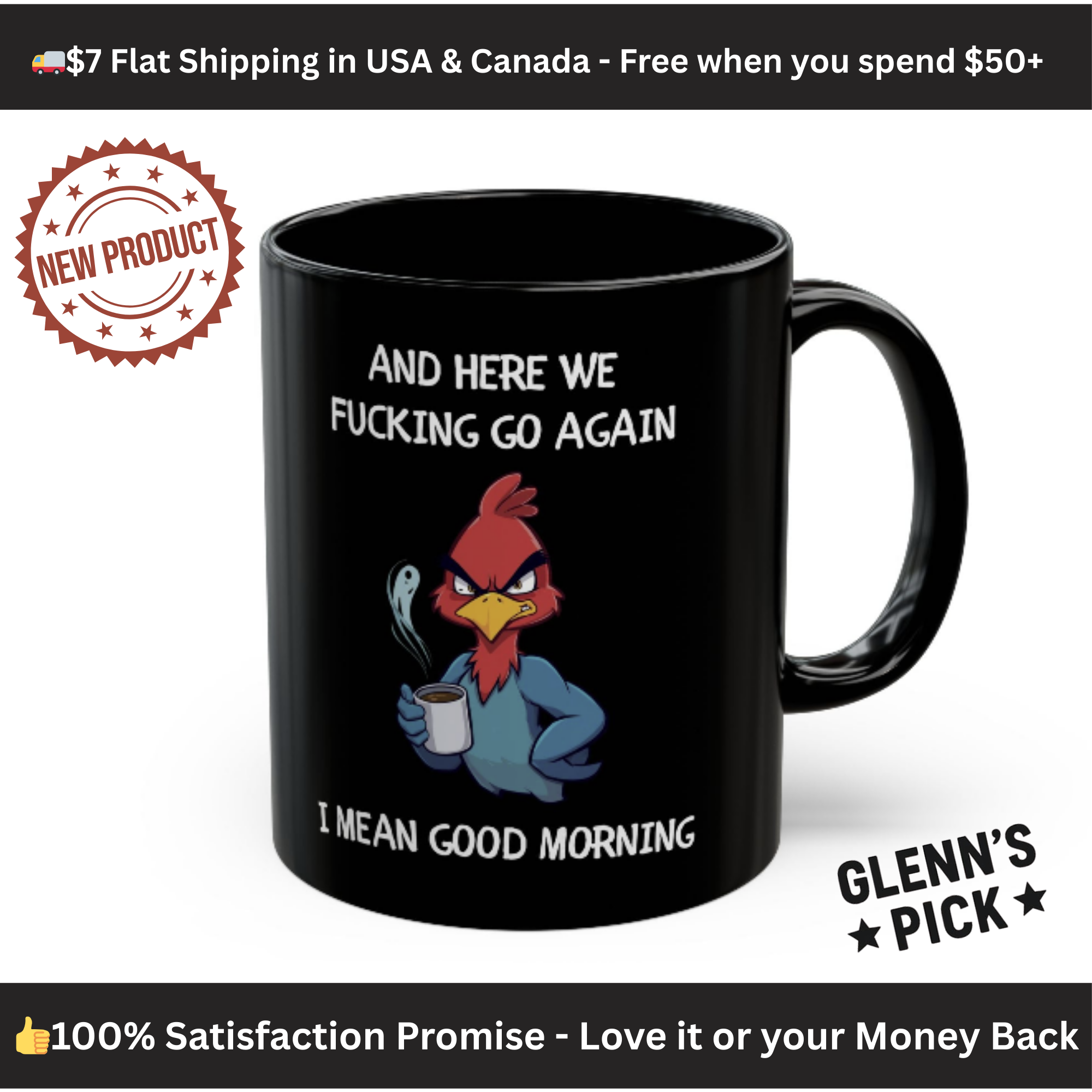 Funny Angry Rooster Coffee Mug – “Here We Go Again” Morning Humor Cup