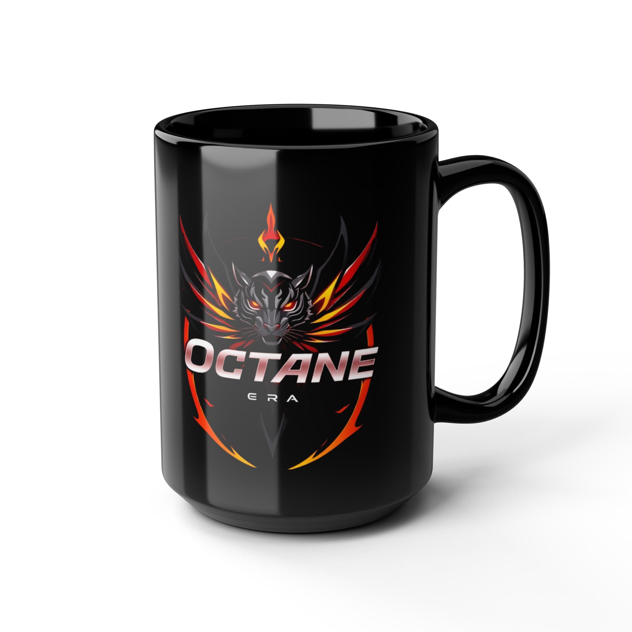 Octane Era Black Mug – Bold Flame Tiger Design
