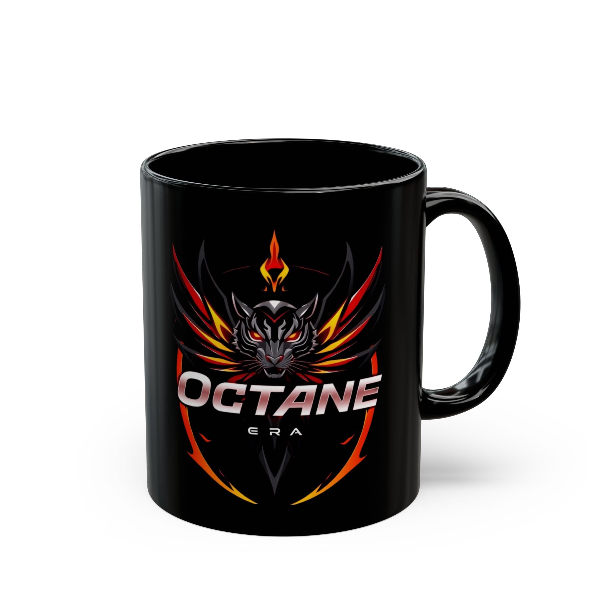 Octane Era Black Mug – Bold Flame Tiger Design
