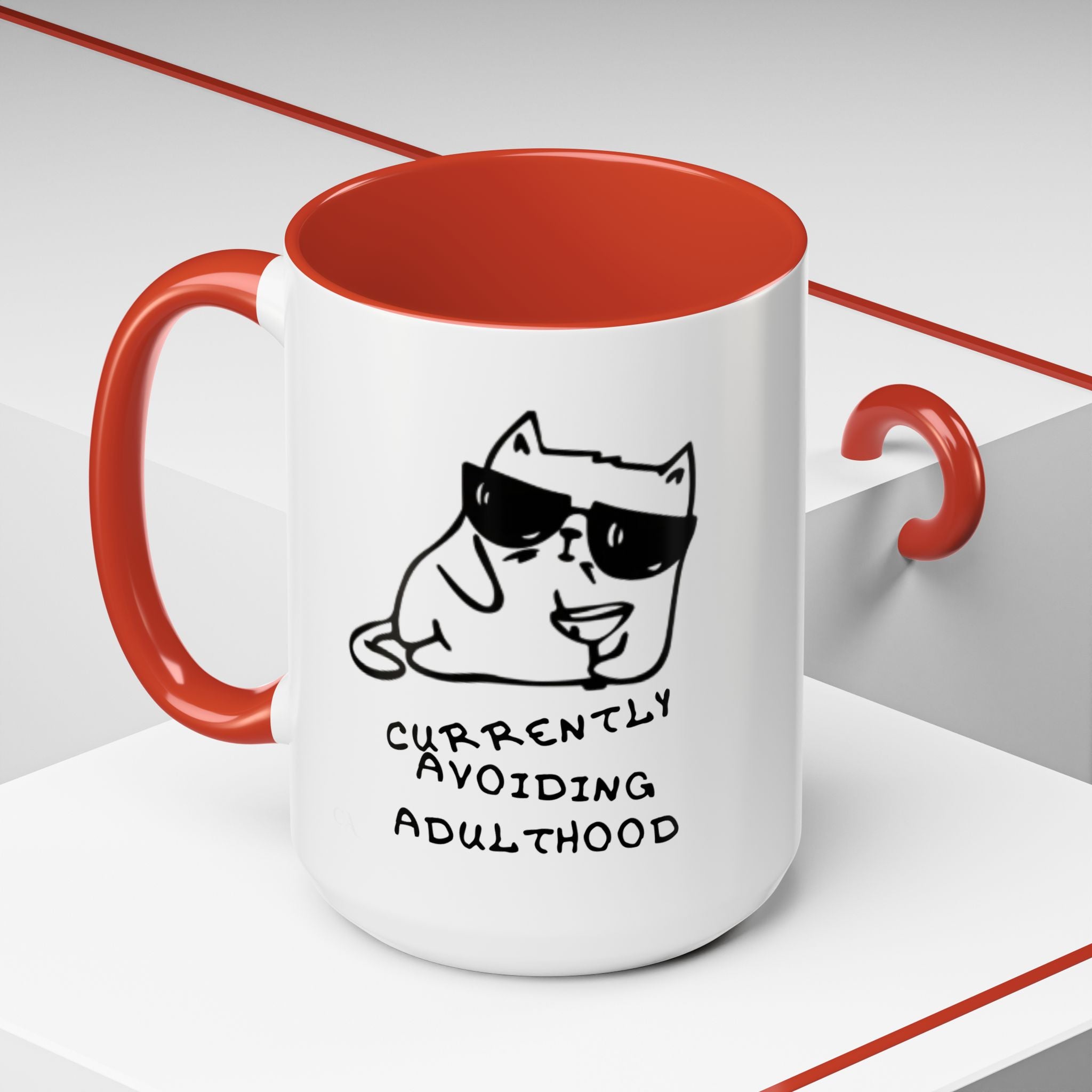 Currently Avoiding Adulthood Cat Mug – Funny Sketch Cartoon Coffee Cup