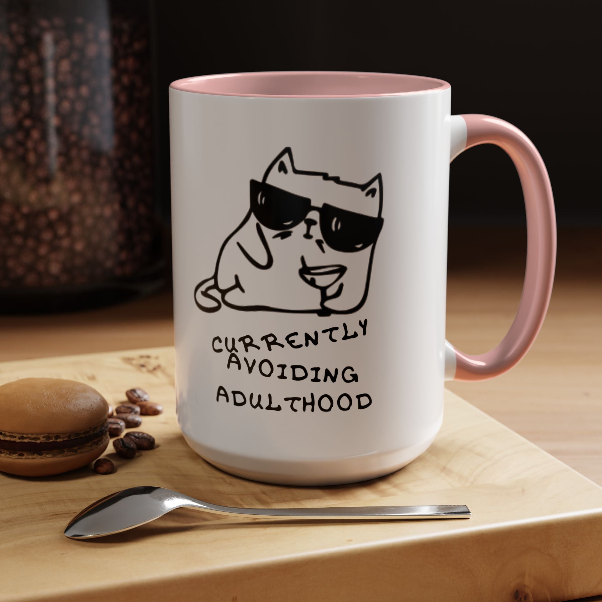 Currently Avoiding Adulthood Cat Mug – Funny Sketch Cartoon Coffee Cup