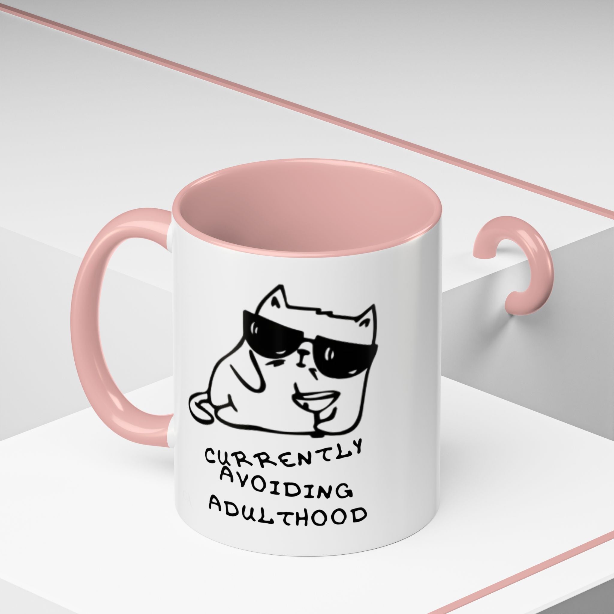 Currently Avoiding Adulthood Cat Mug – Funny Sketch Cartoon Coffee Cup