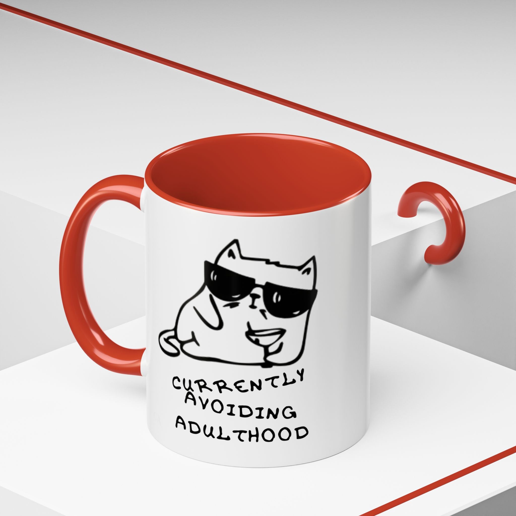 Currently Avoiding Adulthood Cat Mug – Funny Sketch Cartoon Coffee Cup