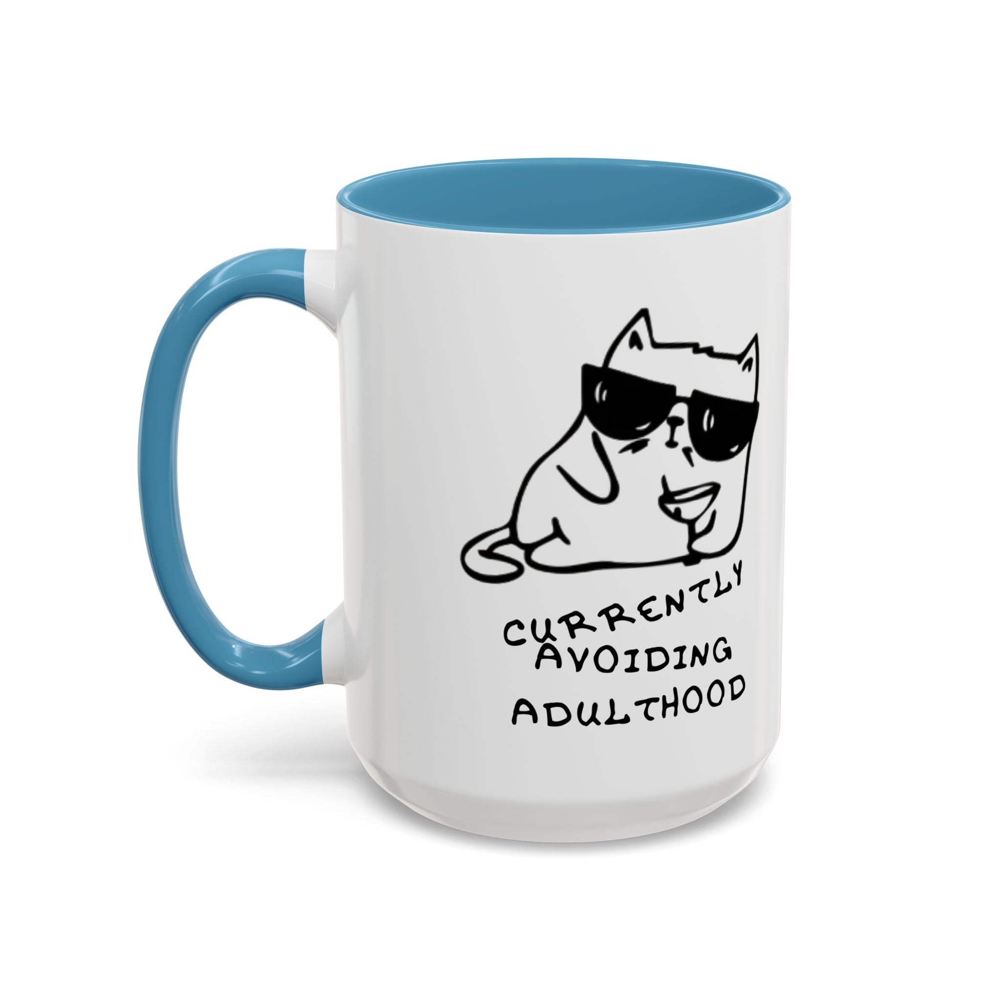 Currently Avoiding Adulthood Cat Mug – Funny Sketch Cartoon Coffee Cup