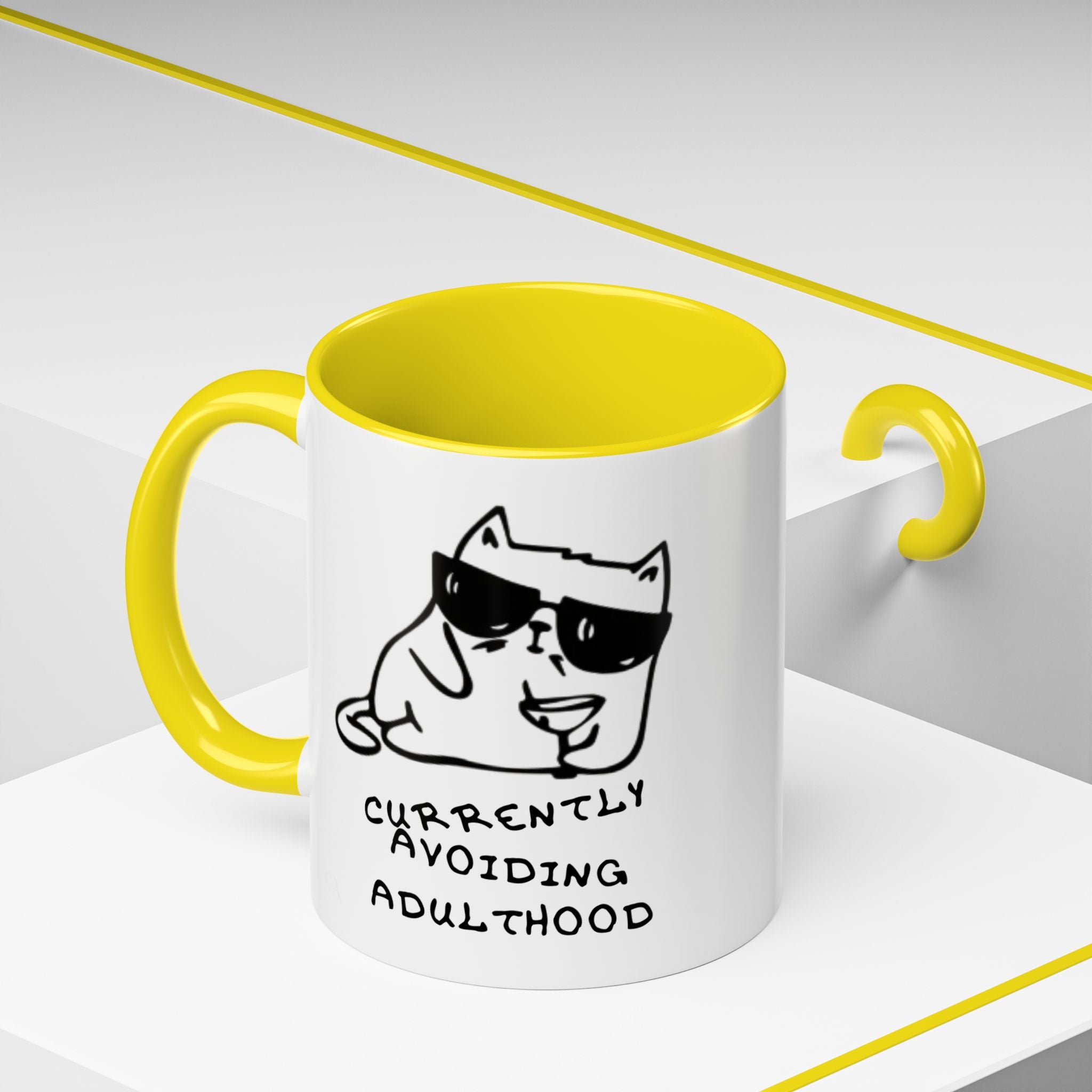 Currently Avoiding Adulthood Cat Mug – Funny Sketch Cartoon Coffee Cup