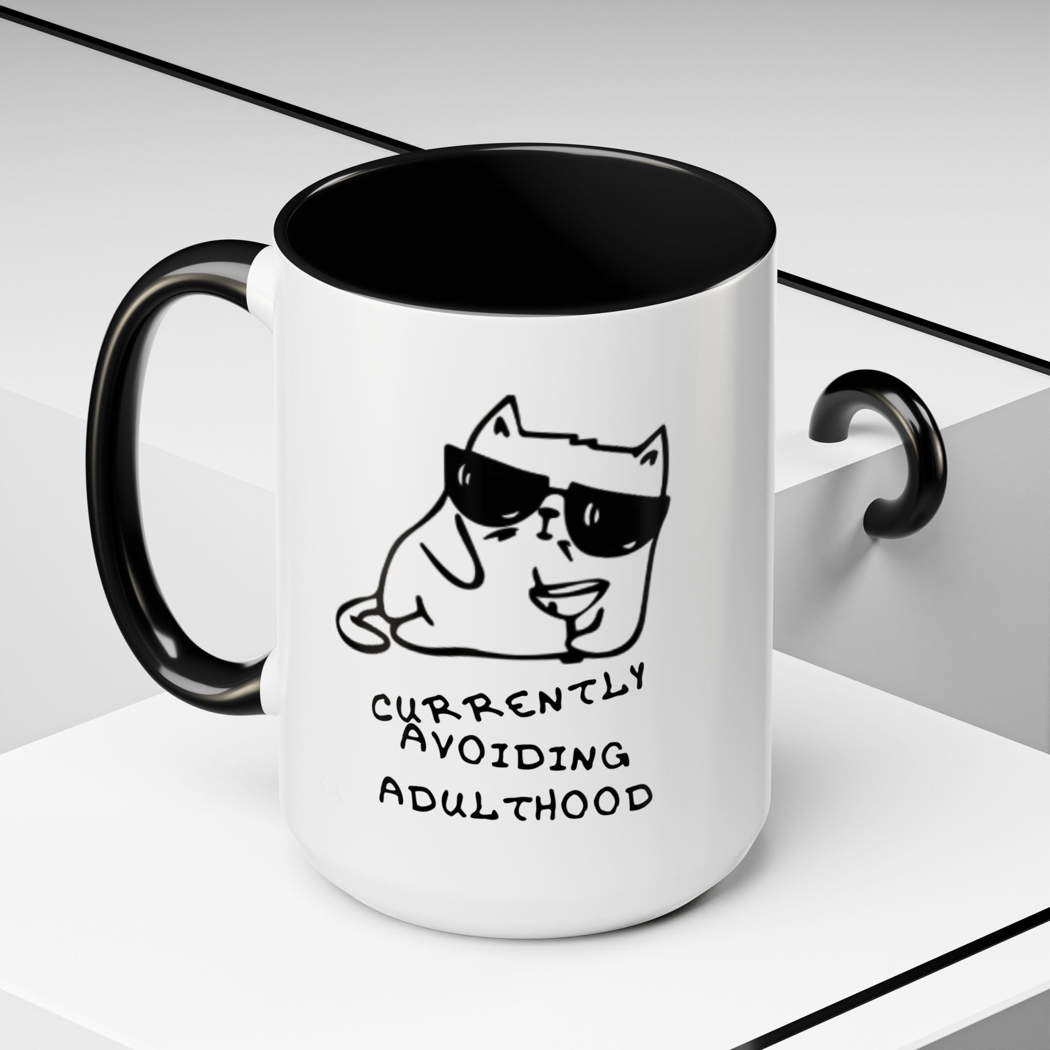Currently Avoiding Adulthood Cat Mug – Funny Sketch Cartoon Coffee Cup