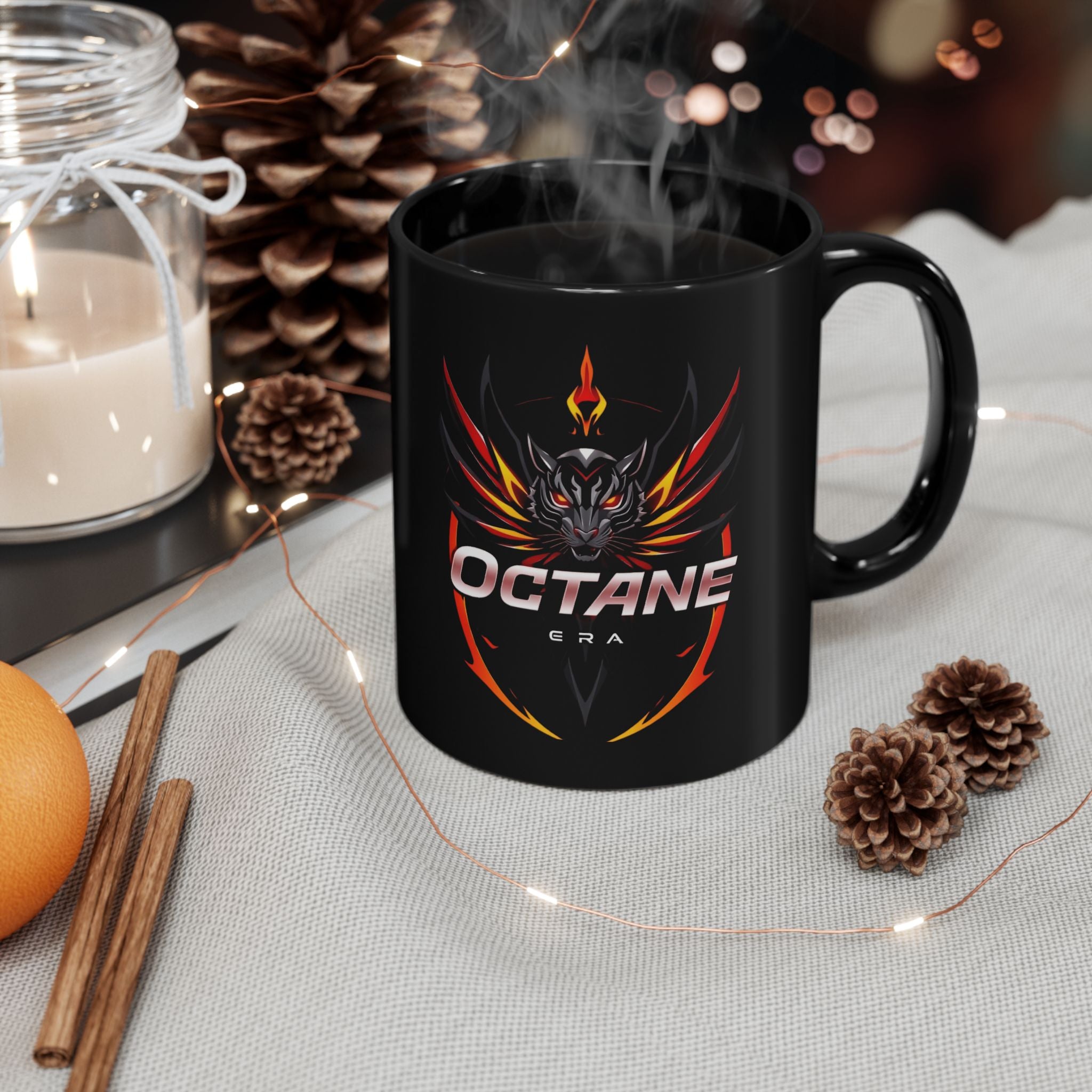 Octane Era Black Mug – Bold Flame Tiger Design