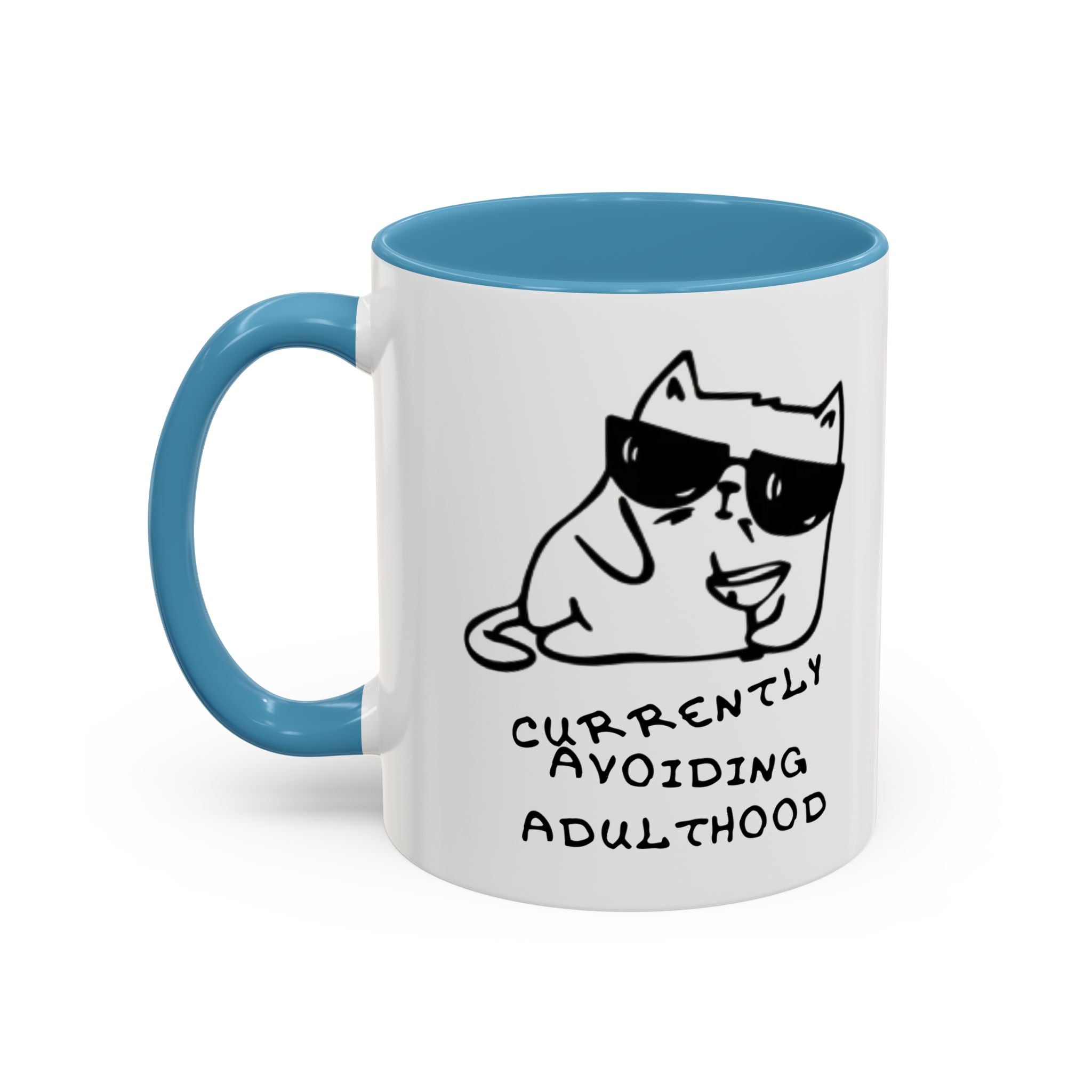 Currently Avoiding Adulthood Cat Mug – Funny Sketch Cartoon Coffee Cup
