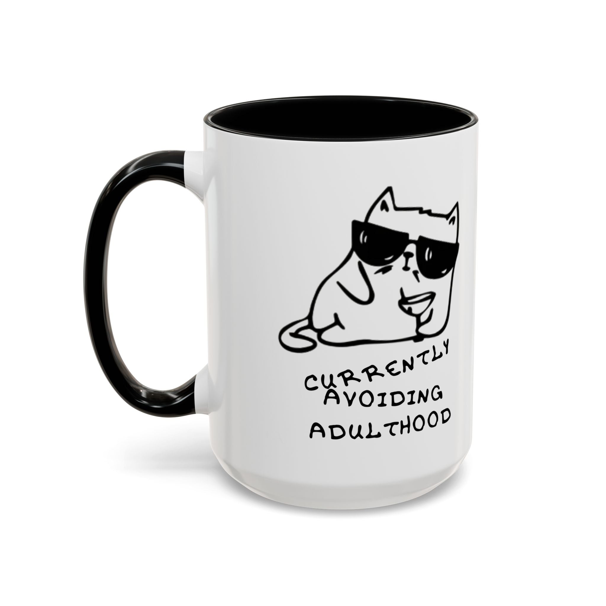 Currently Avoiding Adulthood Cat Mug – Funny Sketch Cartoon Coffee Cup