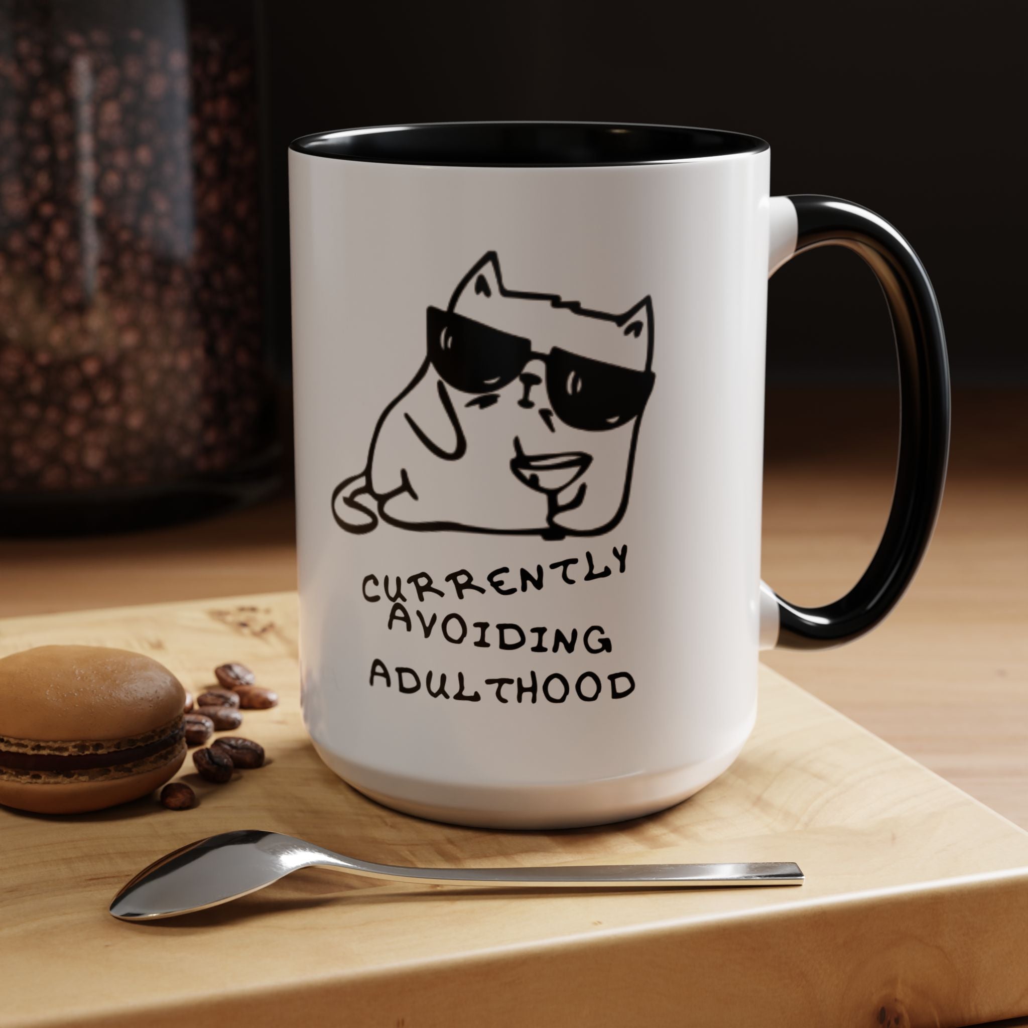 Currently Avoiding Adulthood Cat Mug – Funny Sketch Cartoon Coffee Cup