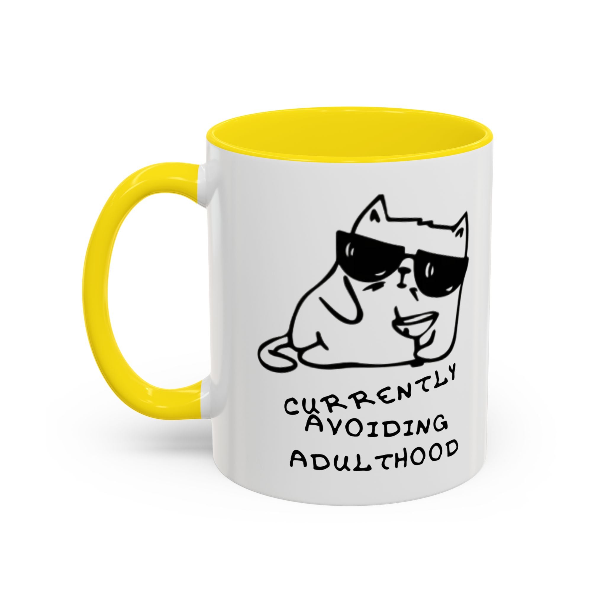 Currently Avoiding Adulthood Cat Mug – Funny Sketch Cartoon Coffee Cup