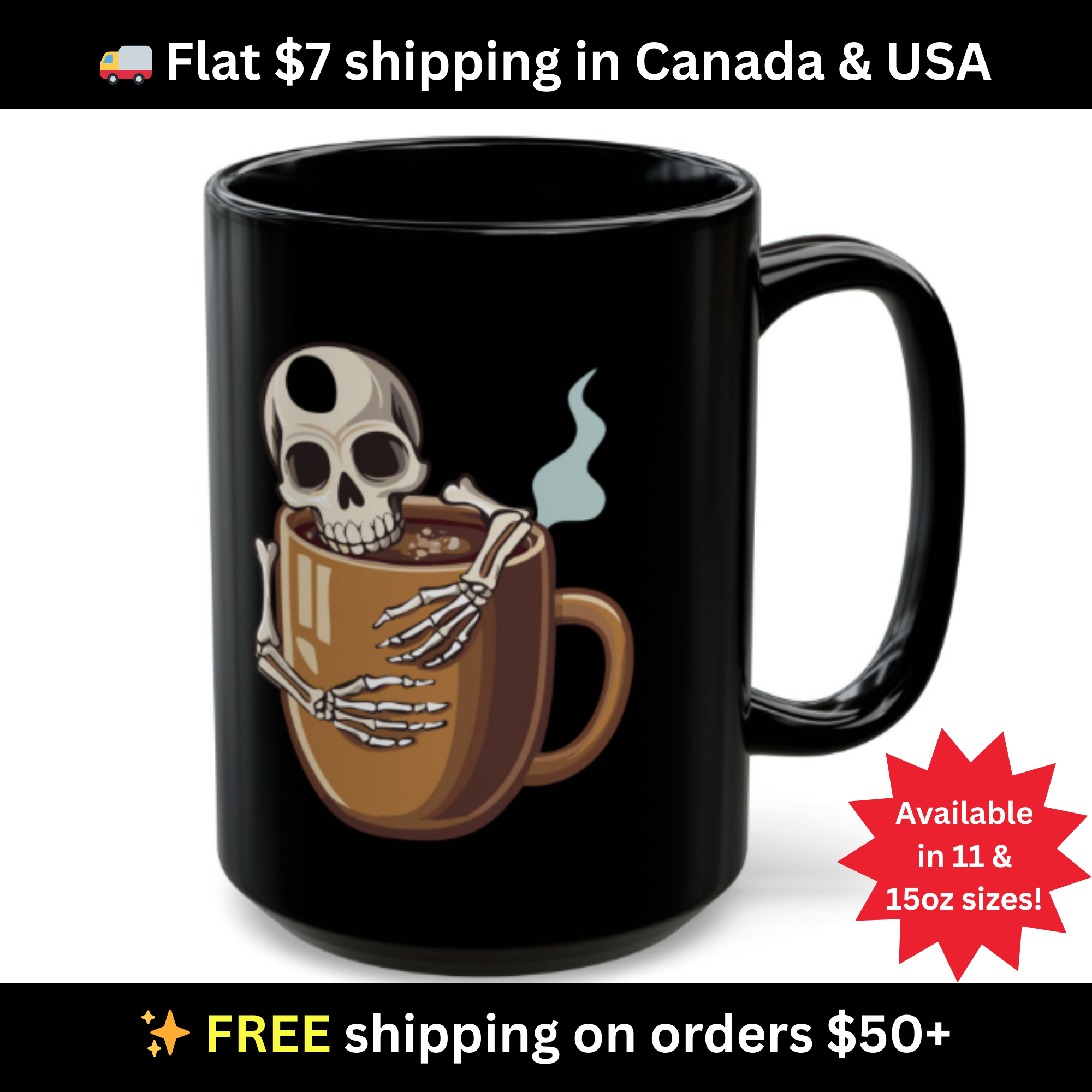 Skeleton Hugging Coffee Mug | 11oz & 15oz Black Ceramic