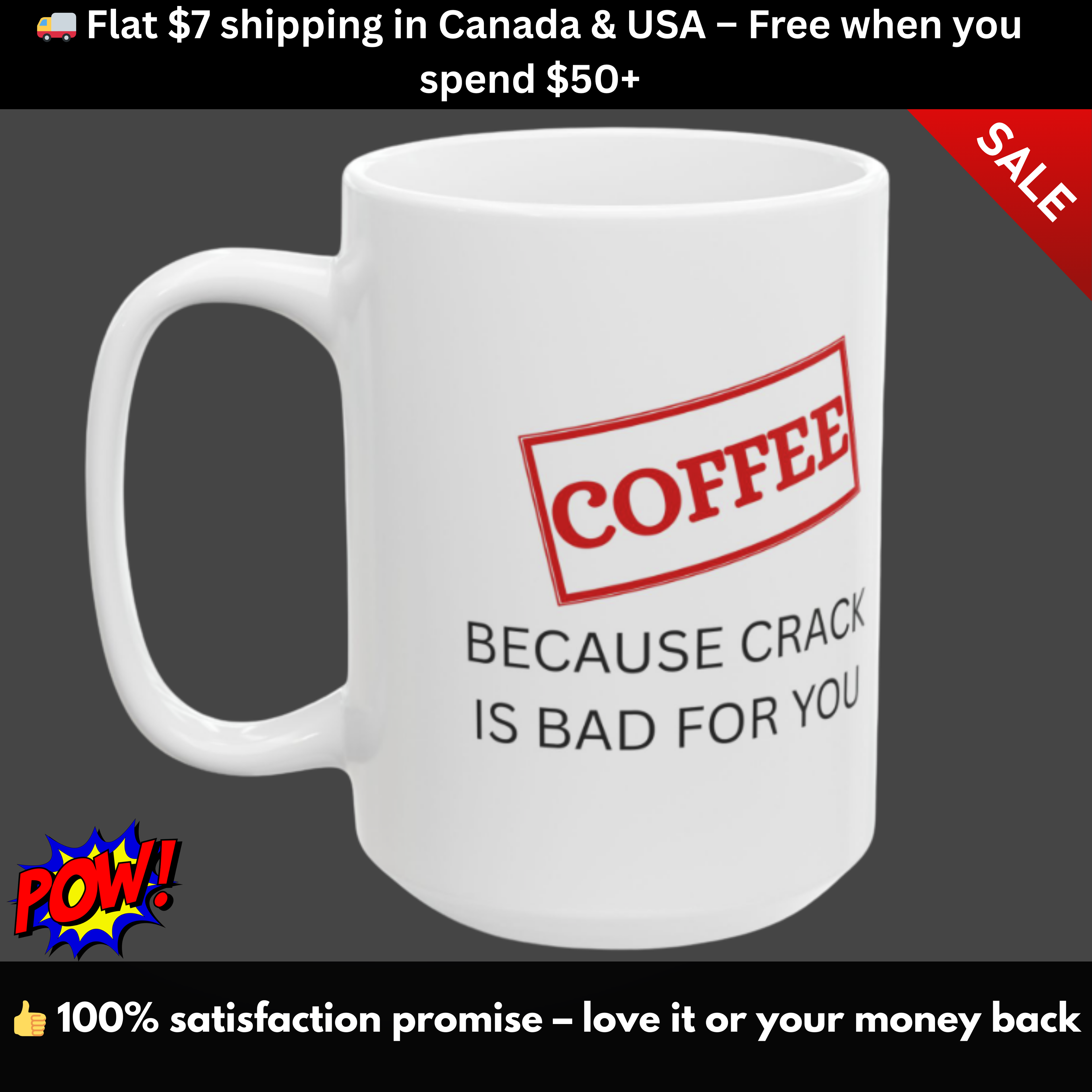 Funny Coffee Mug – “Because Crack is Bad for You” Cup, Bold Red Label Design