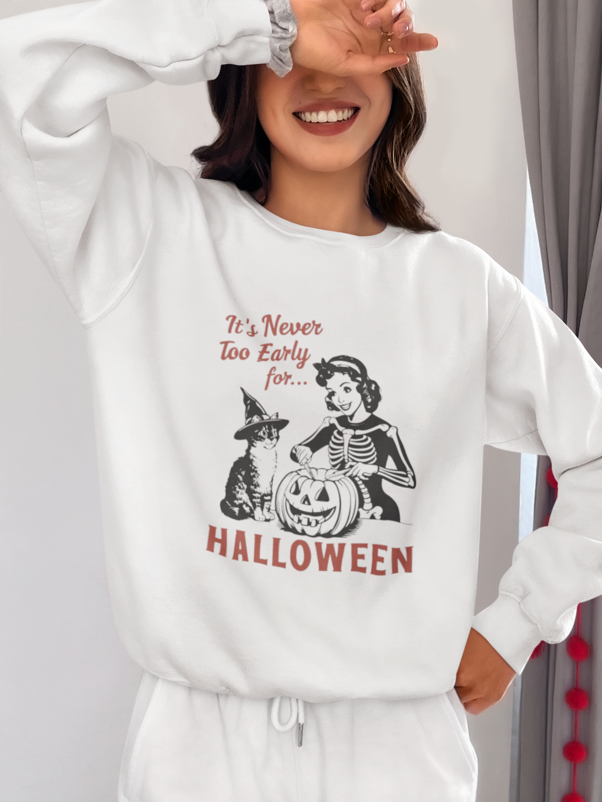 Itโs Never Too Early for Halloween Retro Skeleton Cat Sweatshirt
