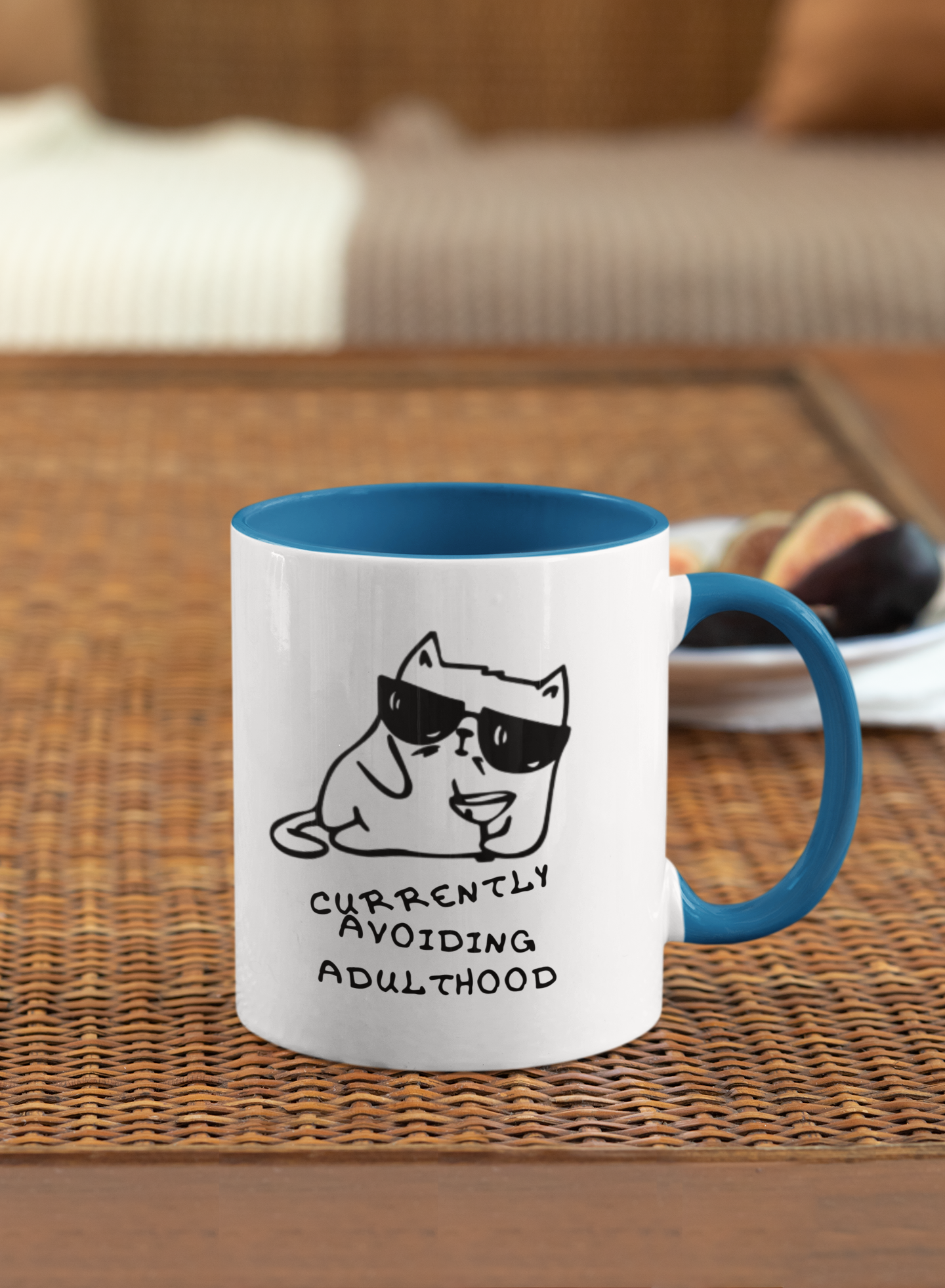 Currently Avoiding Adulthood Cat Mug – Funny Sketch Cartoon Coffee Cup