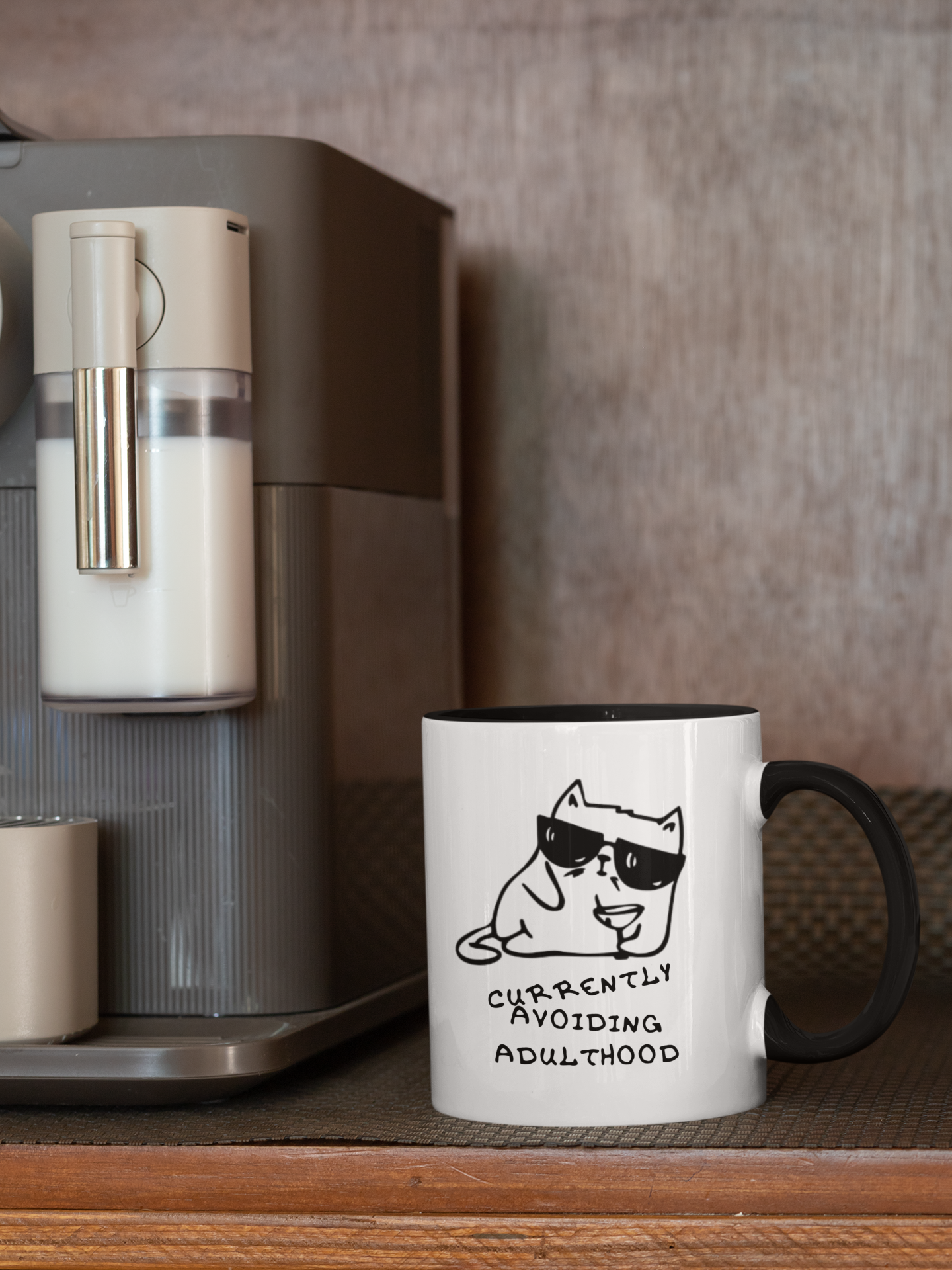 Currently Avoiding Adulthood Cat Mug – Funny Sketch Cartoon Coffee Cup