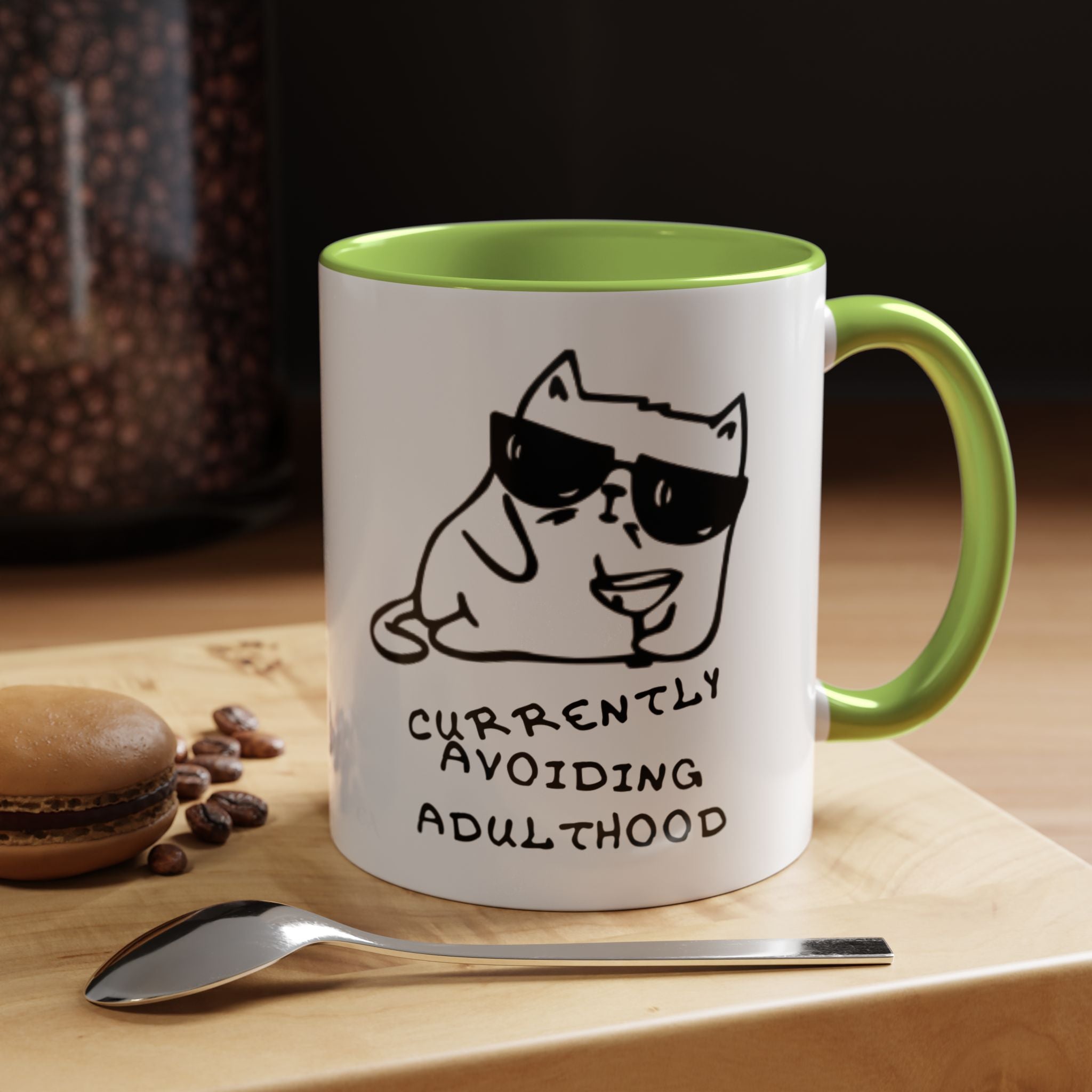 Currently Avoiding Adulthood Cat Mug – Funny Sketch Cartoon Coffee Cup