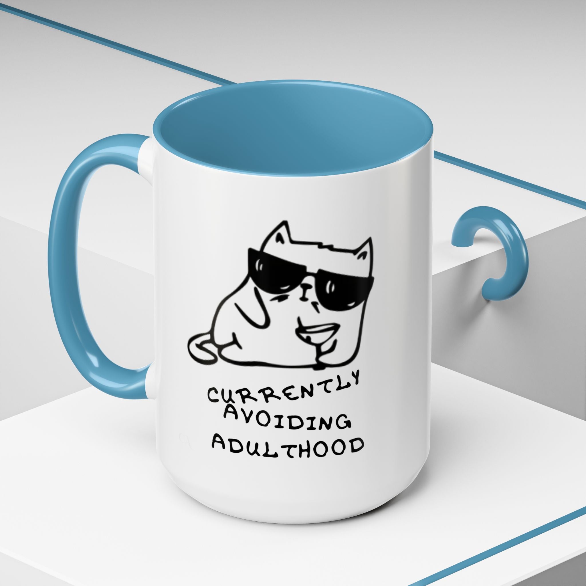 Currently Avoiding Adulthood Cat Mug – Funny Sketch Cartoon Coffee Cup