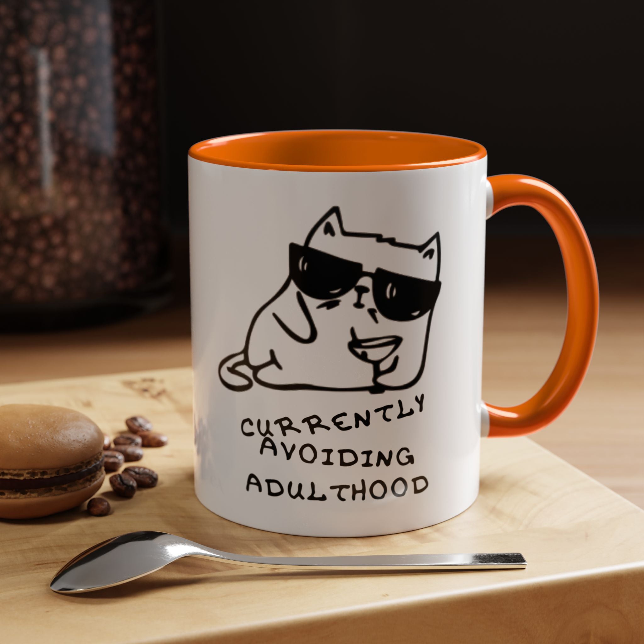 Currently Avoiding Adulthood Cat Mug – Funny Sketch Cartoon Coffee Cup