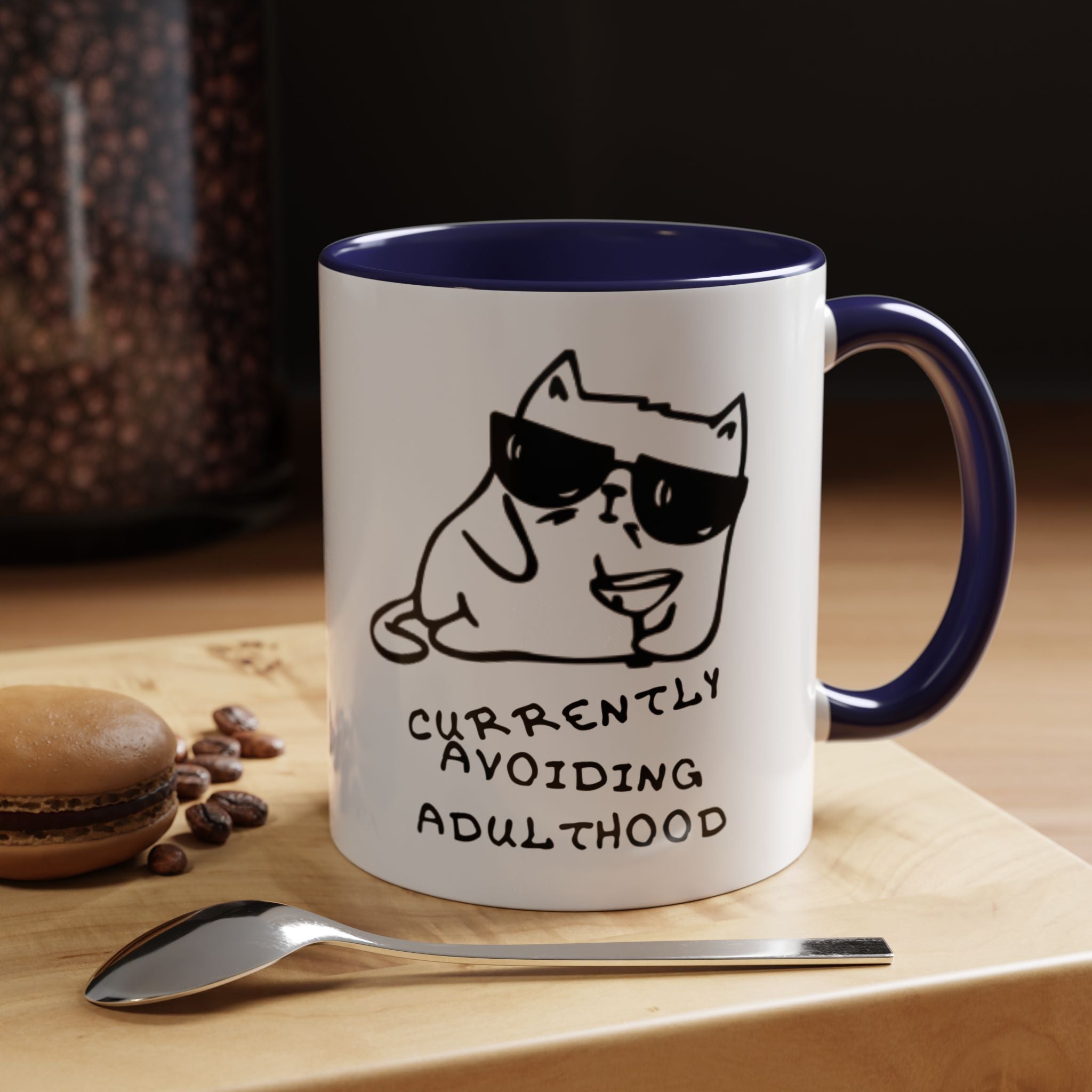 Currently Avoiding Adulthood Cat Mug – Funny Sketch Cartoon Coffee Cup