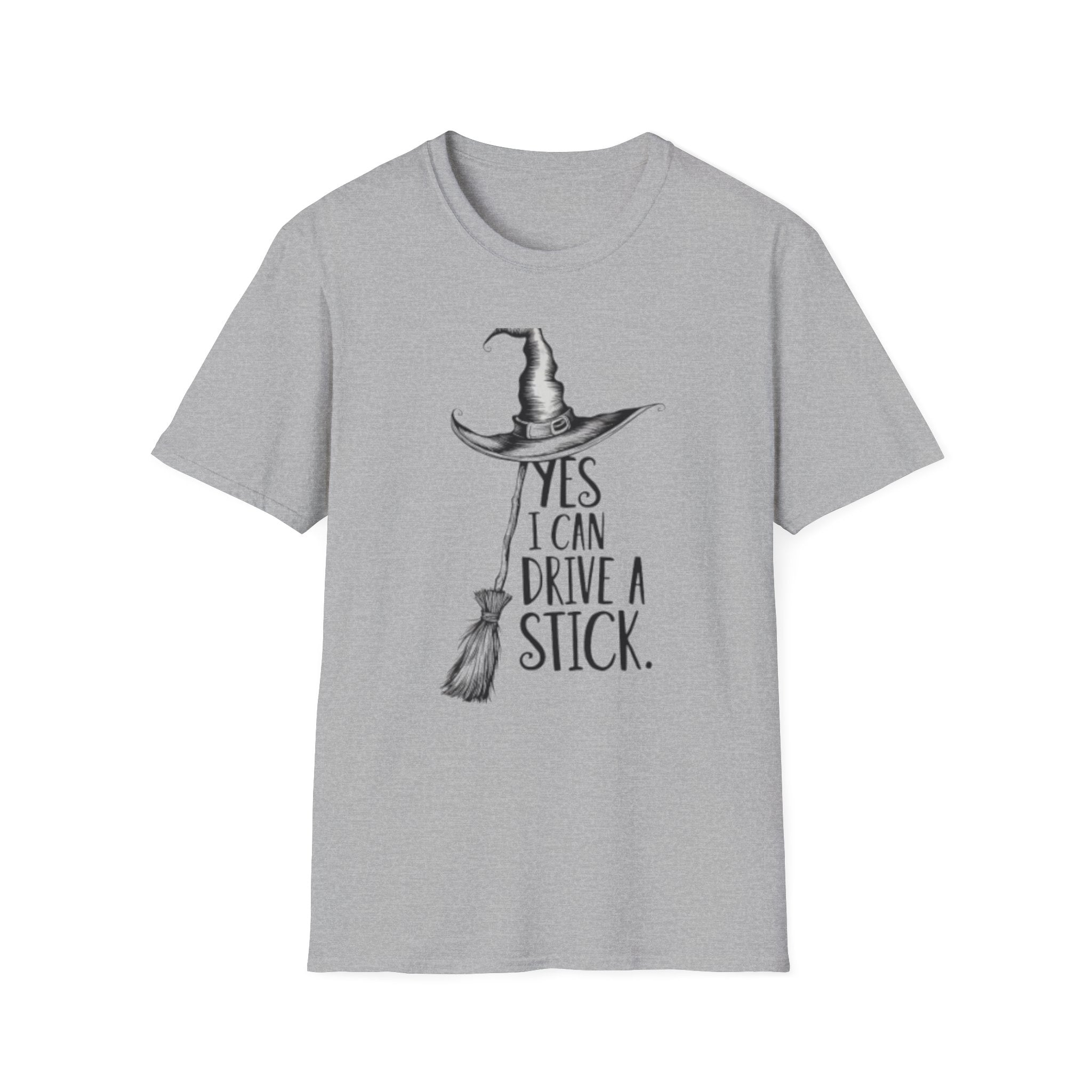 Yes I Can Drive a Stick โ Funny Halloween Witch T-Shirt | Unisex Casual Tee