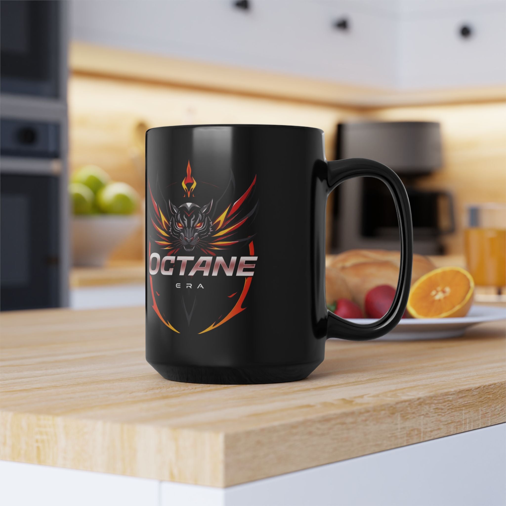 Octane Era Black Mug – Bold Flame Tiger Design