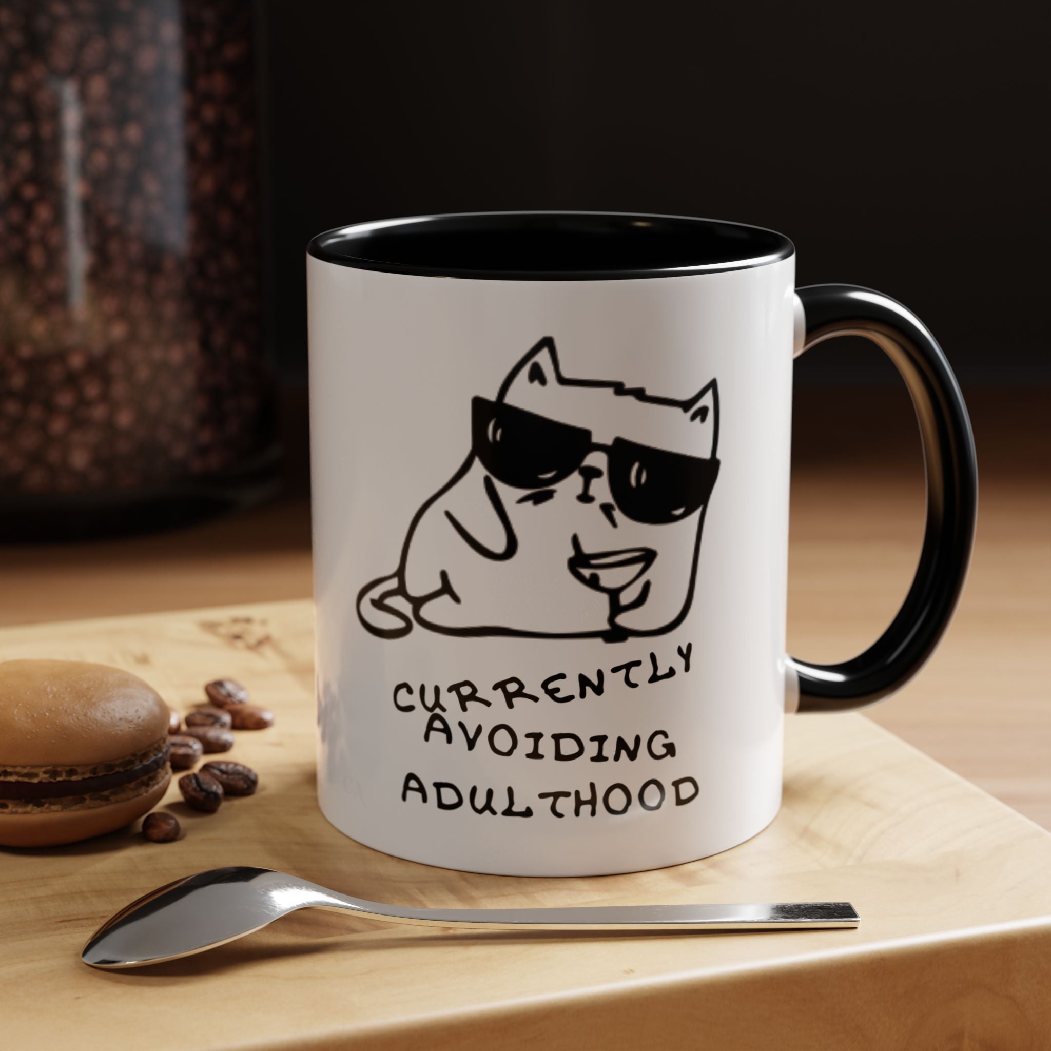 Currently Avoiding Adulthood Cat Mug – Funny Sketch Cartoon Coffee Cup
