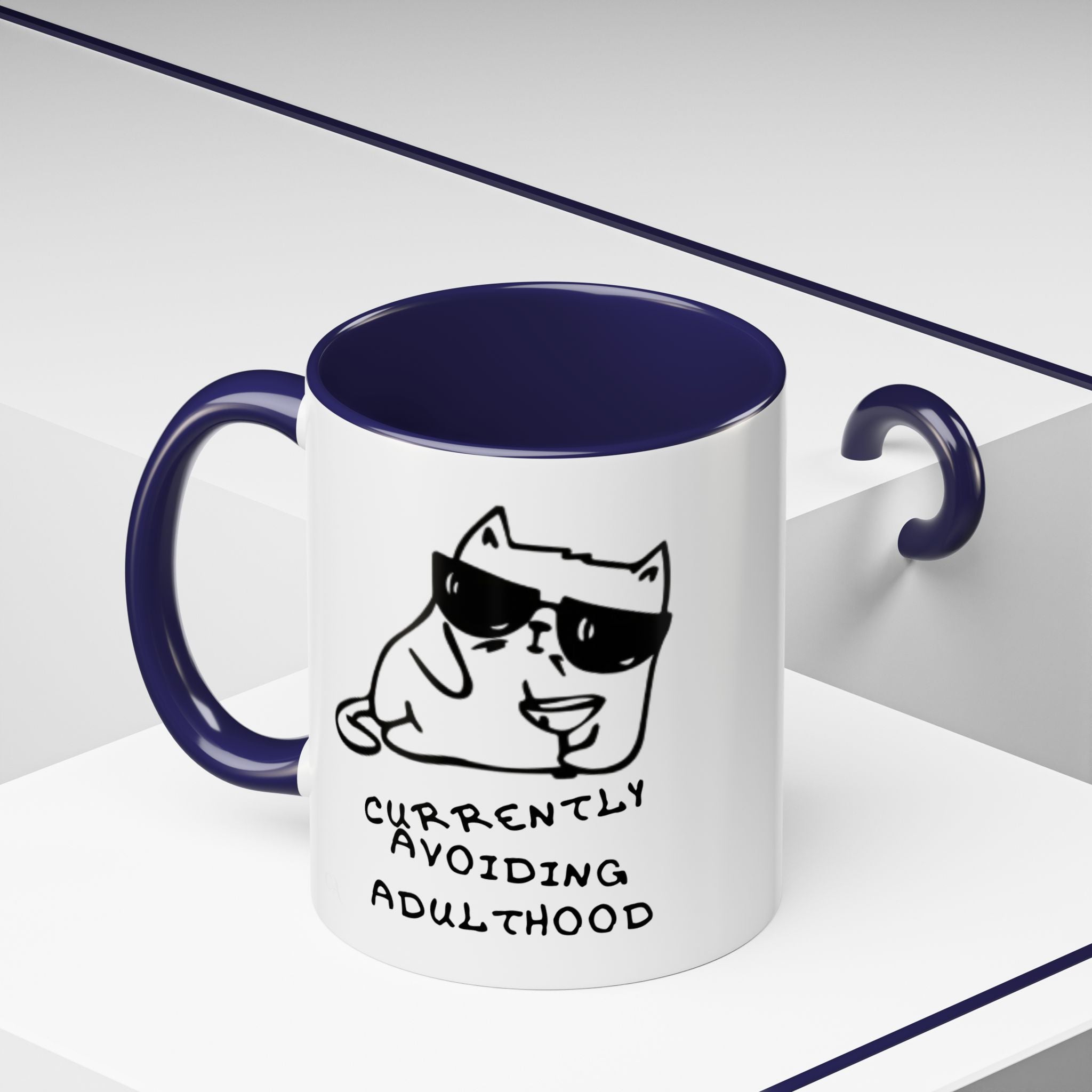 Currently Avoiding Adulthood Cat Mug – Funny Sketch Cartoon Coffee Cup