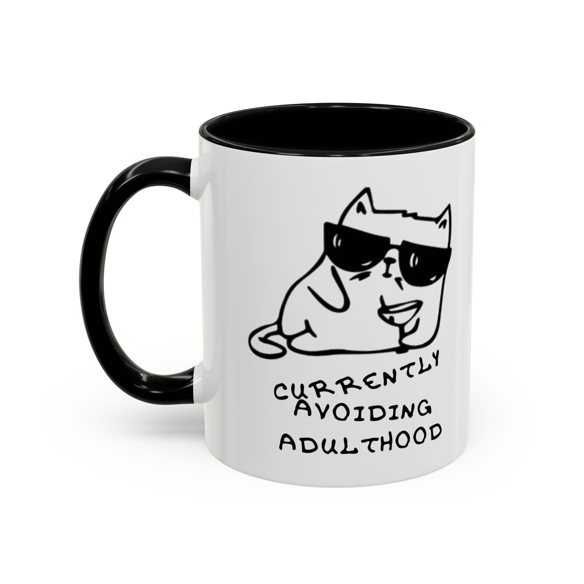 Currently Avoiding Adulthood Cat Mug – Funny Sketch Cartoon Coffee Cup