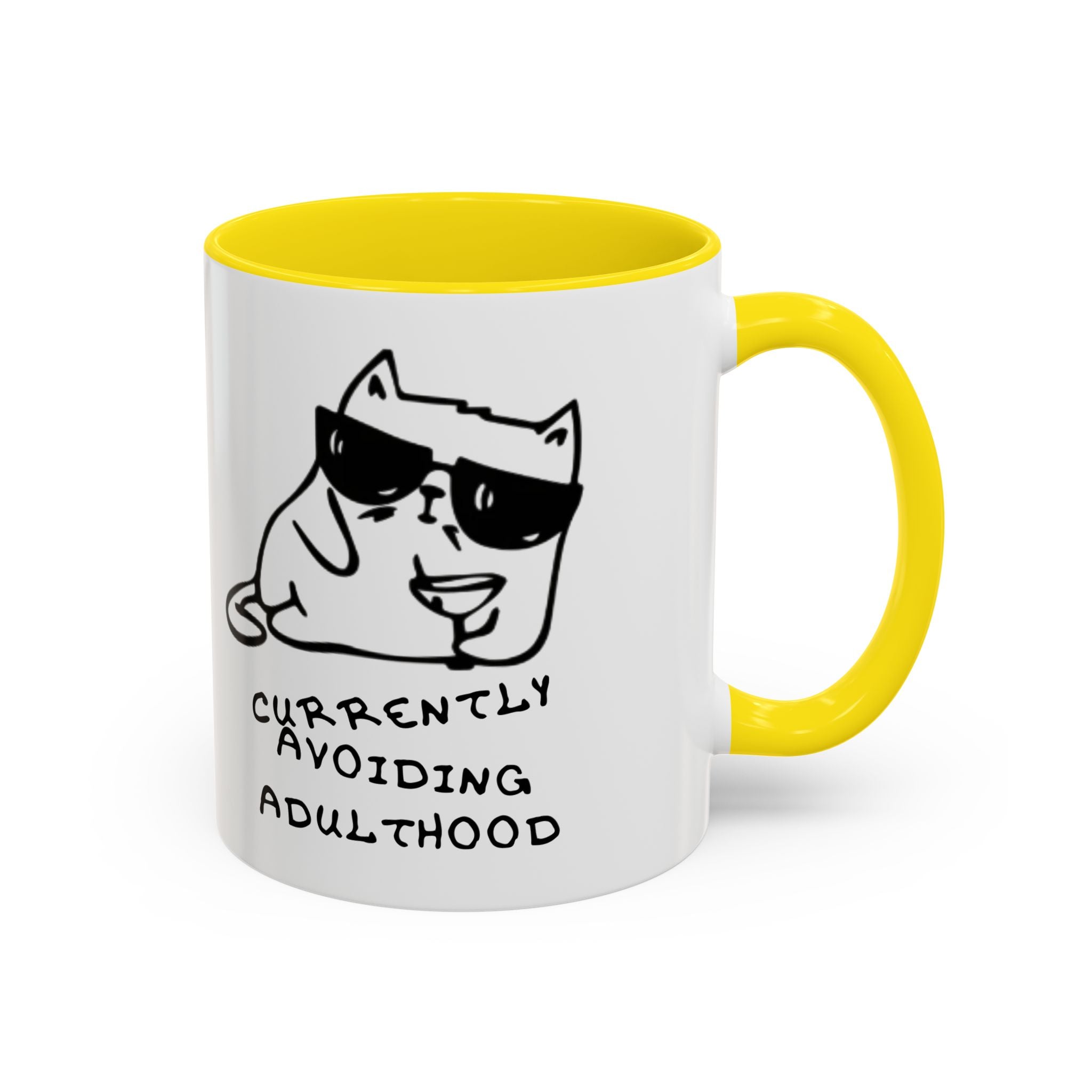 Currently Avoiding Adulthood Cat Mug – Funny Sketch Cartoon Coffee Cup