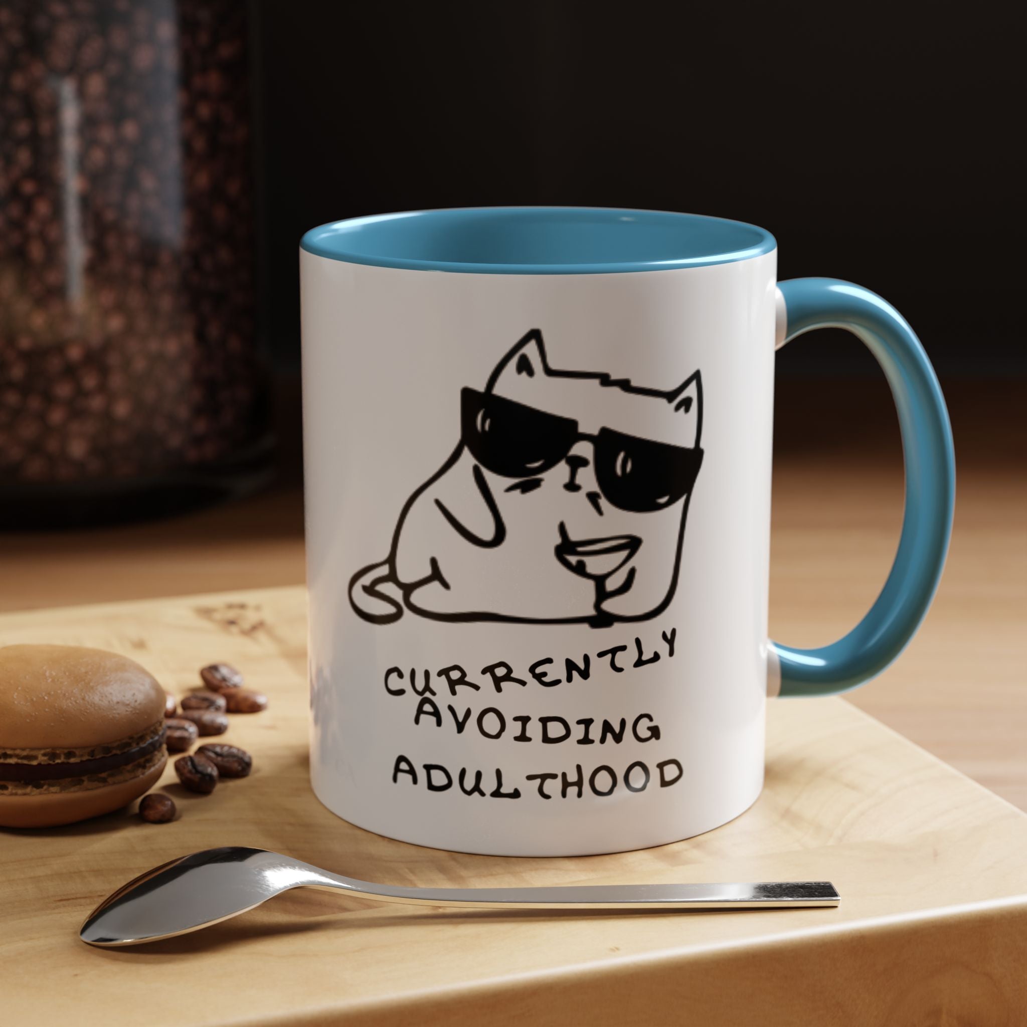 Currently Avoiding Adulthood Cat Mug – Funny Sketch Cartoon Coffee Cup