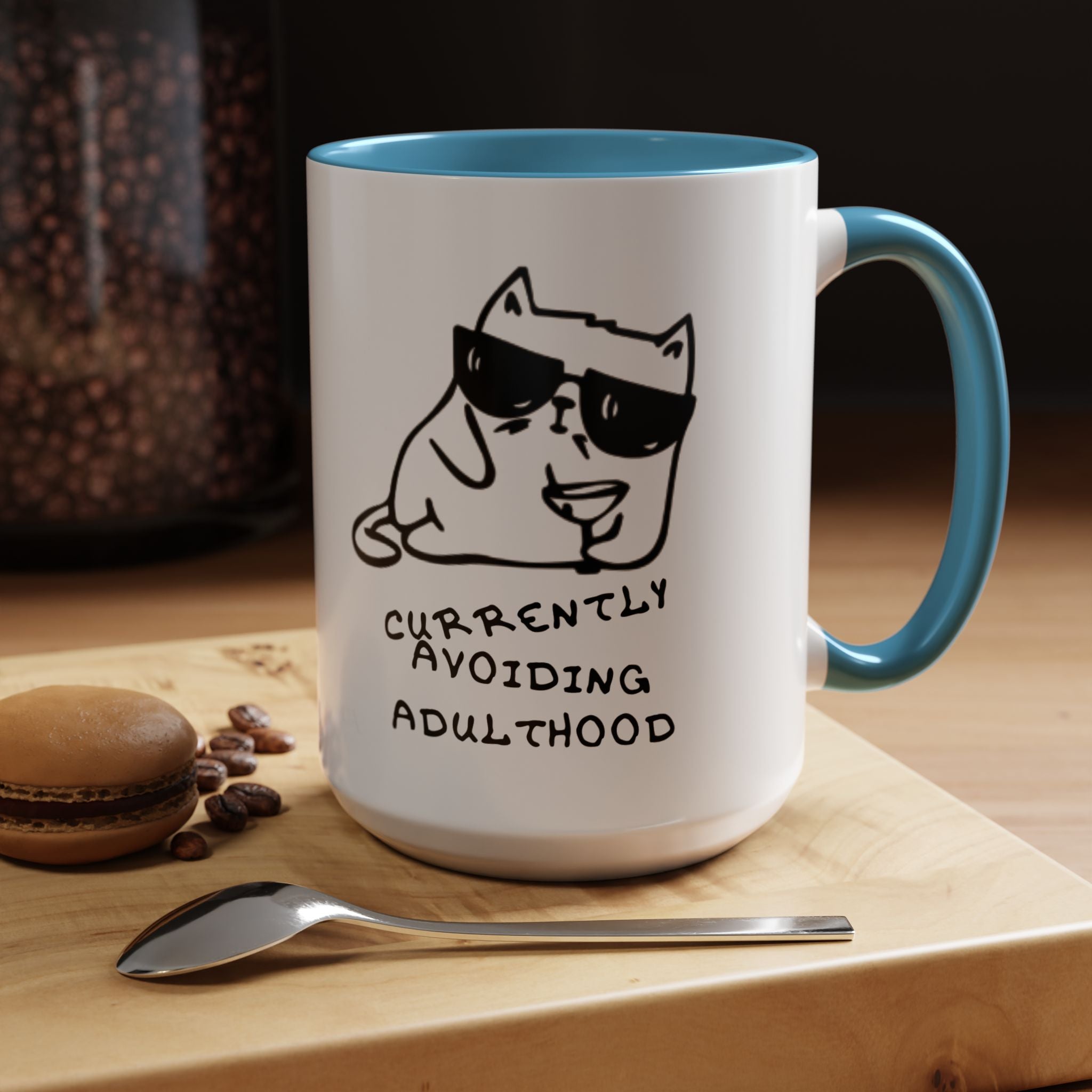 Currently Avoiding Adulthood Cat Mug – Funny Sketch Cartoon Coffee Cup