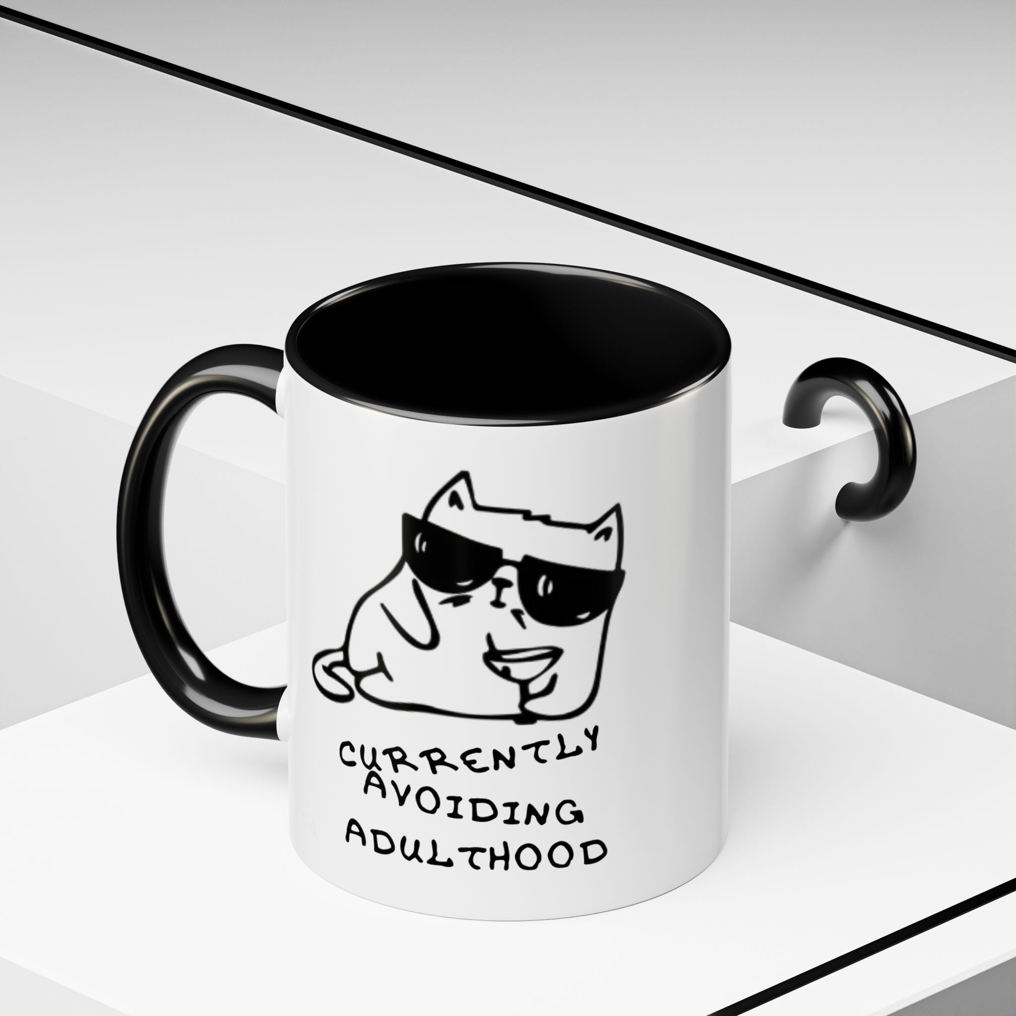 Currently Avoiding Adulthood Cat Mug – Funny Sketch Cartoon Coffee Cup