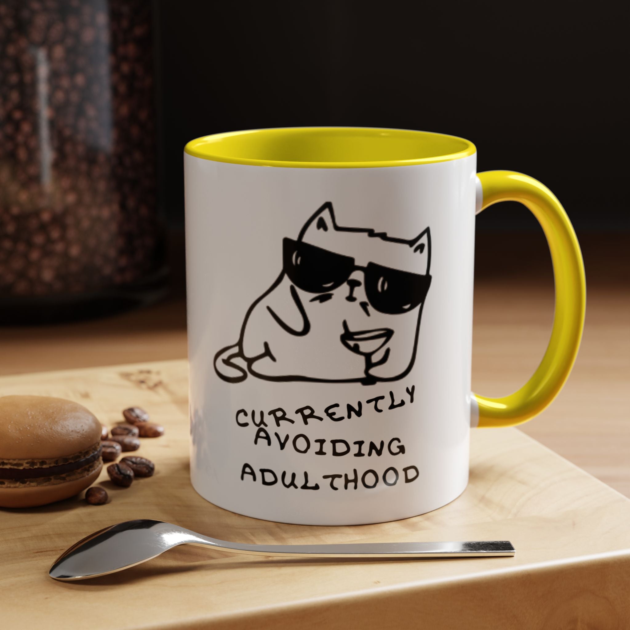 Currently Avoiding Adulthood Cat Mug – Funny Sketch Cartoon Coffee Cup