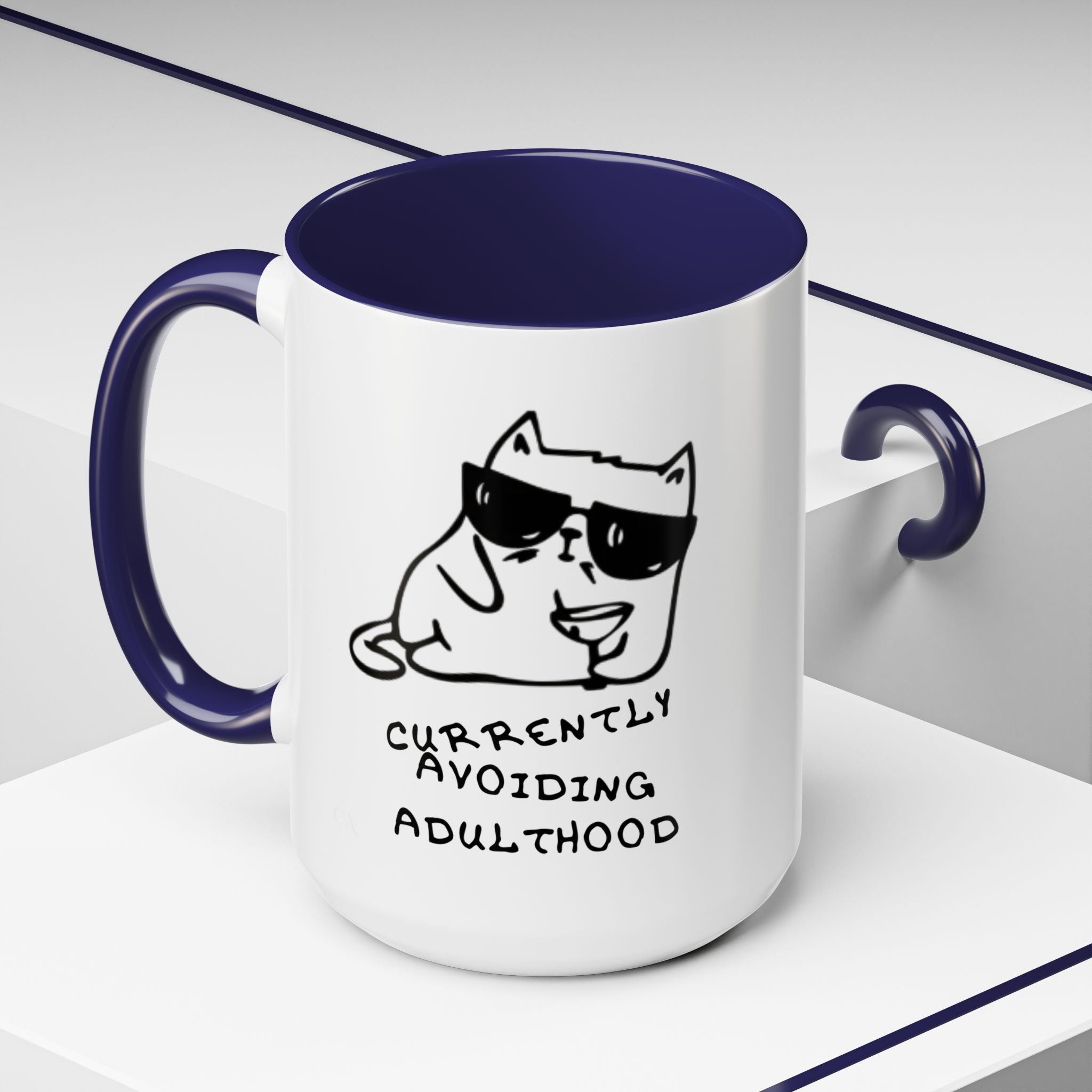 Currently Avoiding Adulthood Cat Mug – Funny Sketch Cartoon Coffee Cup