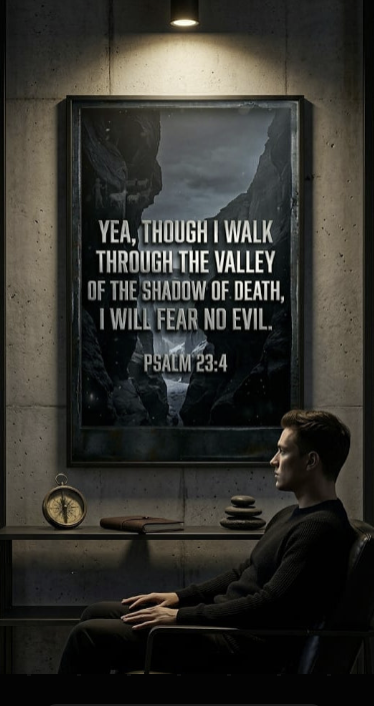Man sitting beneath a framed poster of Psalm 23:4 - Yea though I walk through the valley of the shadow of death I will fear no evil