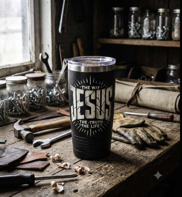The Way The Truth The Life 20oz insulated tumbler on a workshop workbench surrounded by tools