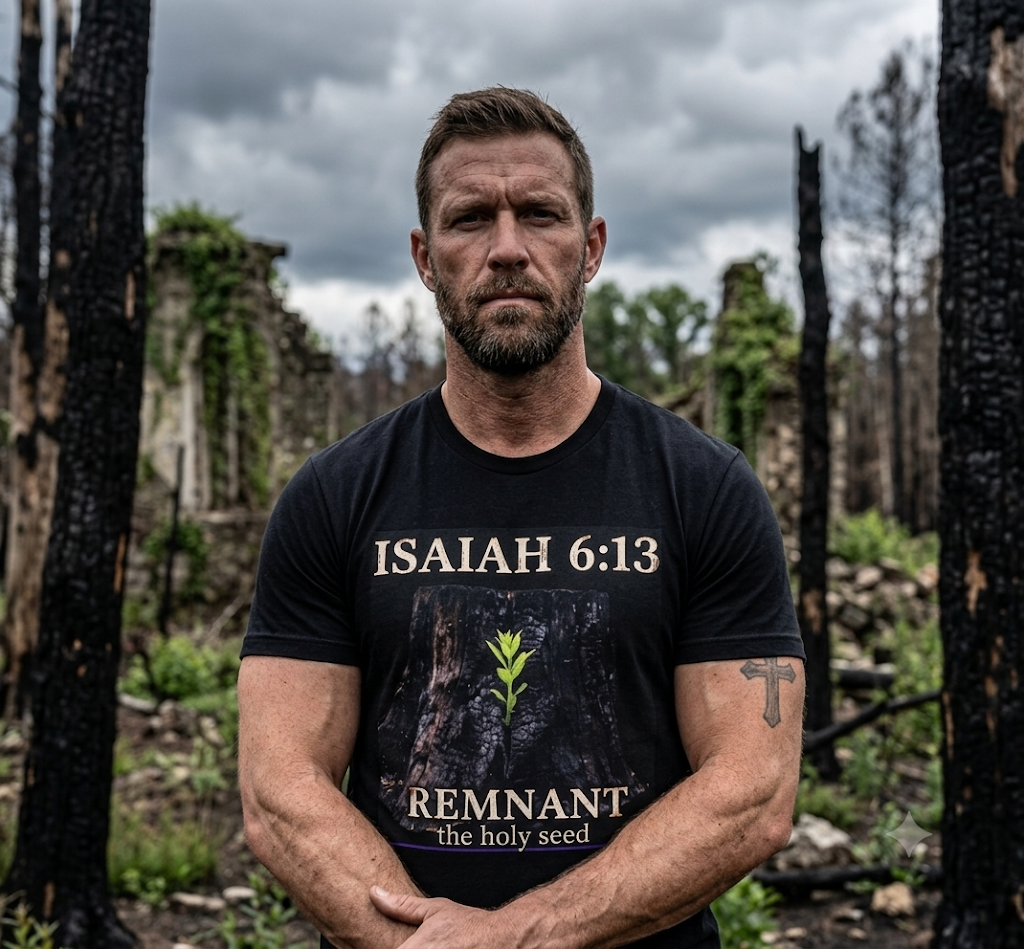 Man wearing Isaiah 6:13 Remnant Holy Seed t-shirt standing in a burned forest with new growth emerging