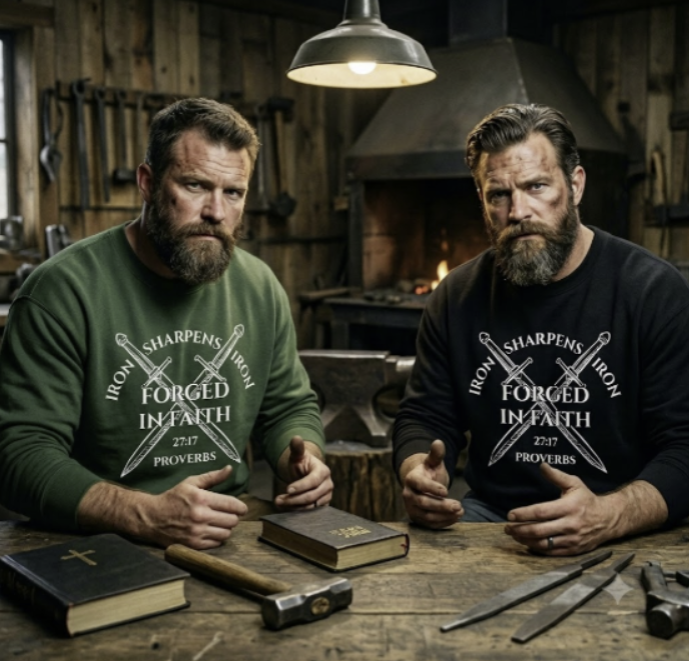 Two men wearing Iron Sharpens Iron Forged in Faith Proverbs 27:17 sweatshirts sitting at a forge with a Bible and tools