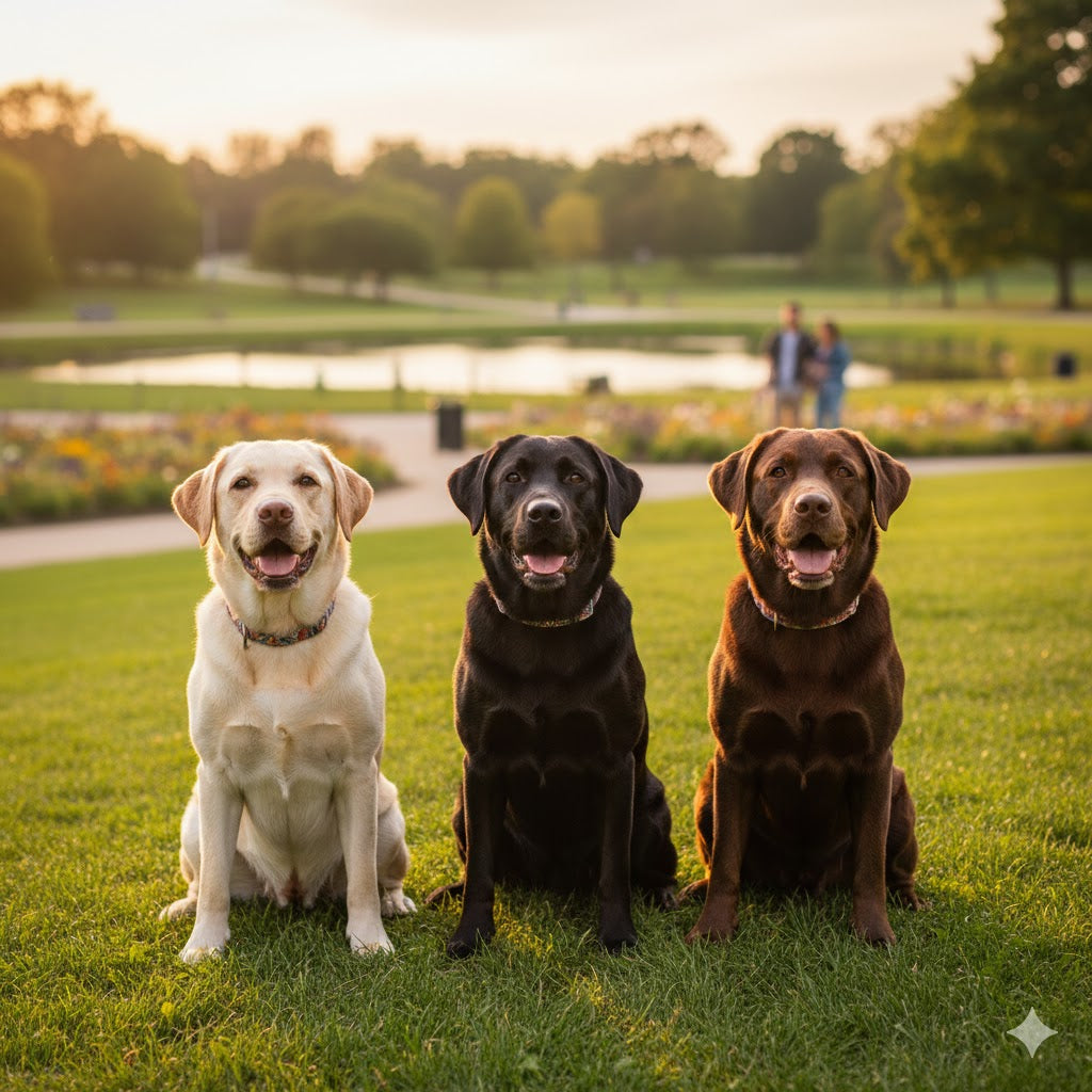 33 Labrador Retrievers sitting  in park setting